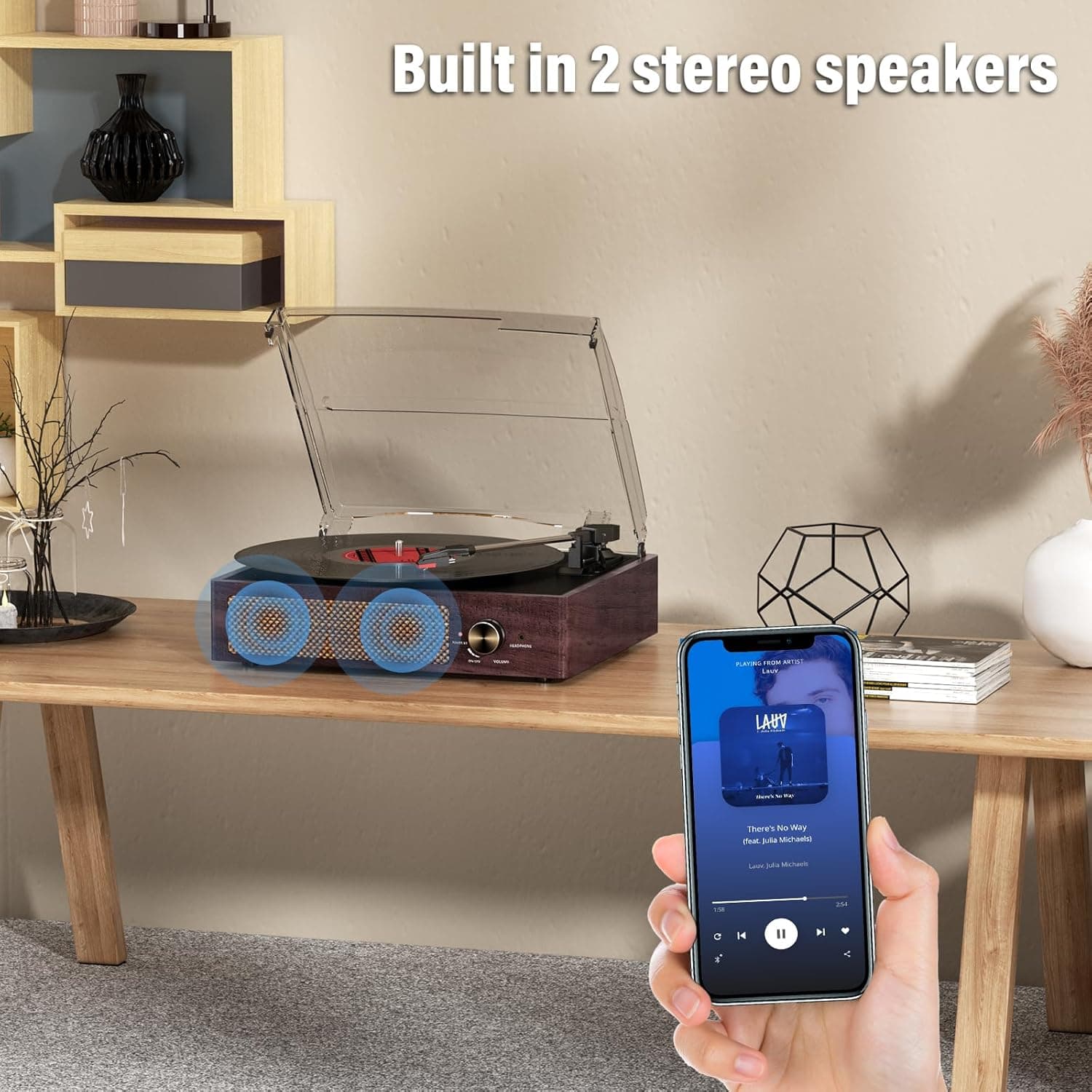 Reproductor de Vinilo con Bluetooth Integrado y 2 Altavoces Estéreo, Reproductor Retro Portátil de 3 Velocidades y 3 Tamaños para Entretenimiento y Decoración del Hogar Marrón - Image 6