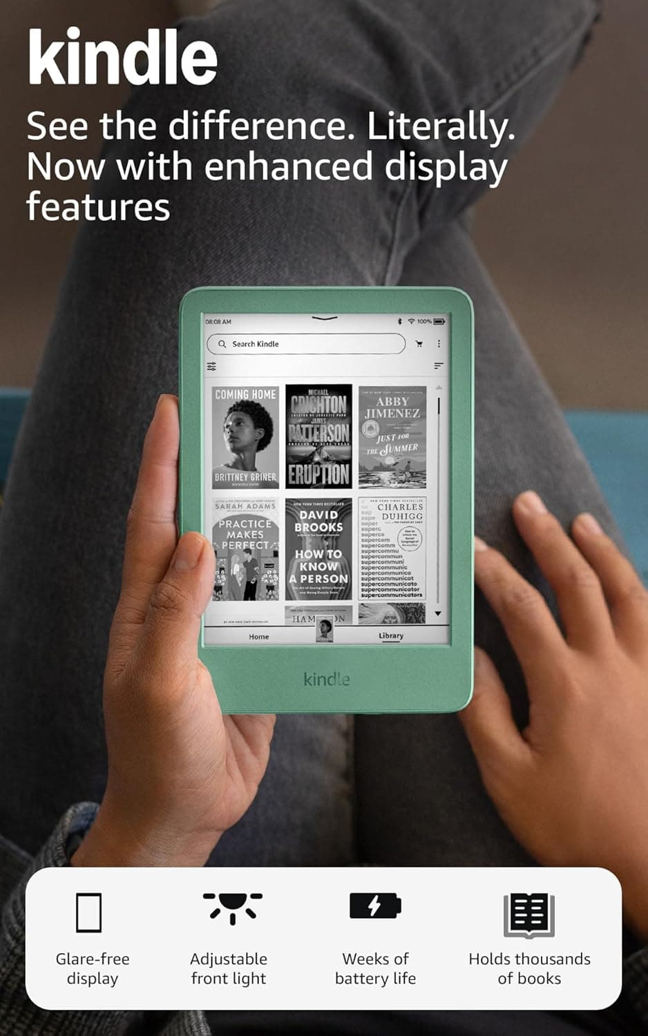 Like-New Amazon Kindle (16 GB) - Lightest and most compact Kindle, with glare-free display, faster page turns, adjustable front light, and long battery life - Matcha Matcha Without Kindle Unlimited Lockscreen Ad-Supported - Image 2