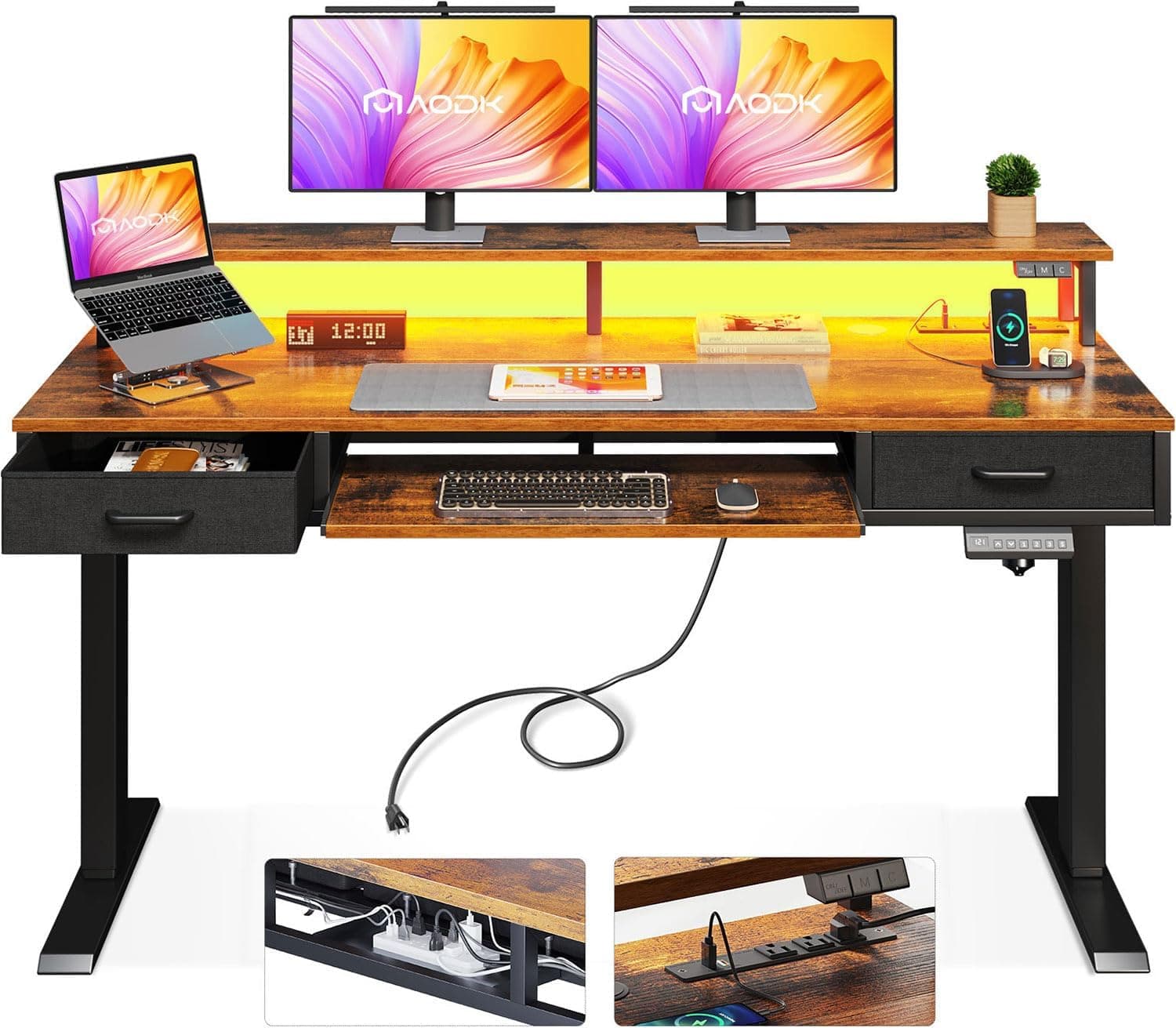 AODK Electric Standing Desk with Drawers & Keyboard Tray, 55 Inch Height Adjustable Gaming Desk with Power Outlets & LED Lights, Sit Stand Table with Monitor Stand for Home, Office, Rustic Brown Rustic Brown 55 Inch - Image 2