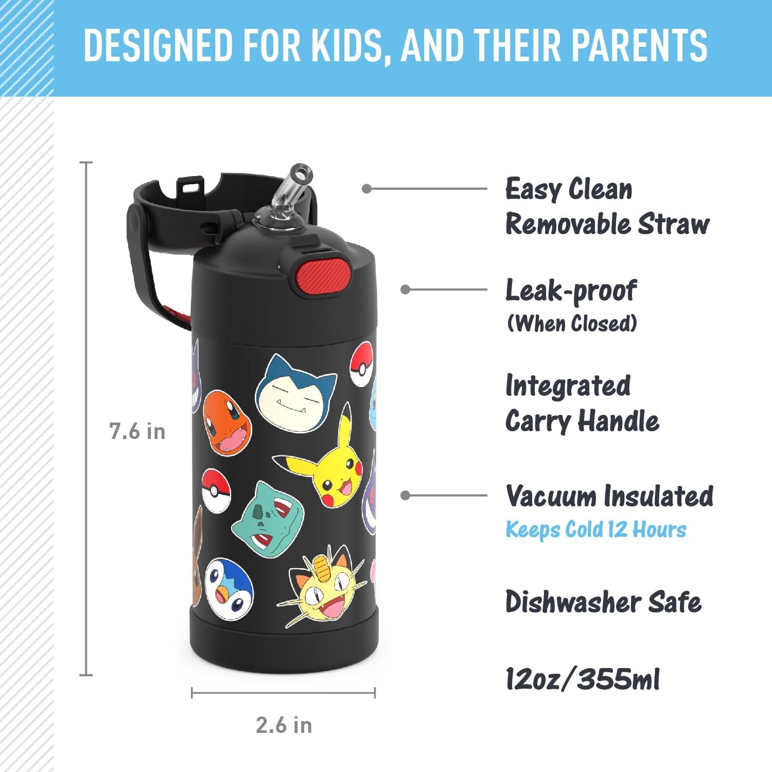 THERMOS FUNTAINER Water Bottle with Straw - 12 Ounce - Kids Stainless Steel Vacuum Insulated Water Bottle with Lid, Pokémon - Image 2