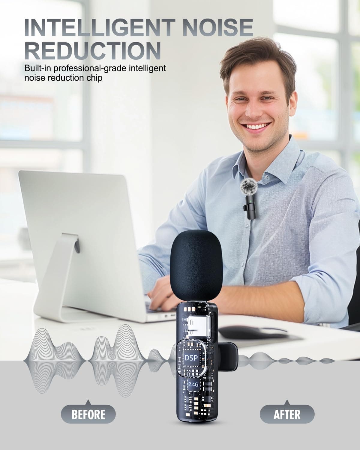 PQRQP 3 in 1 Professional Wireless Lavalier Microphone for iPhone, Android, Camera, Wireless Microphones, Mini Microphone, Crystal Clear Sound Quality for Recording, Live Streaming, Microphone Clips Elegant Black - Image 3