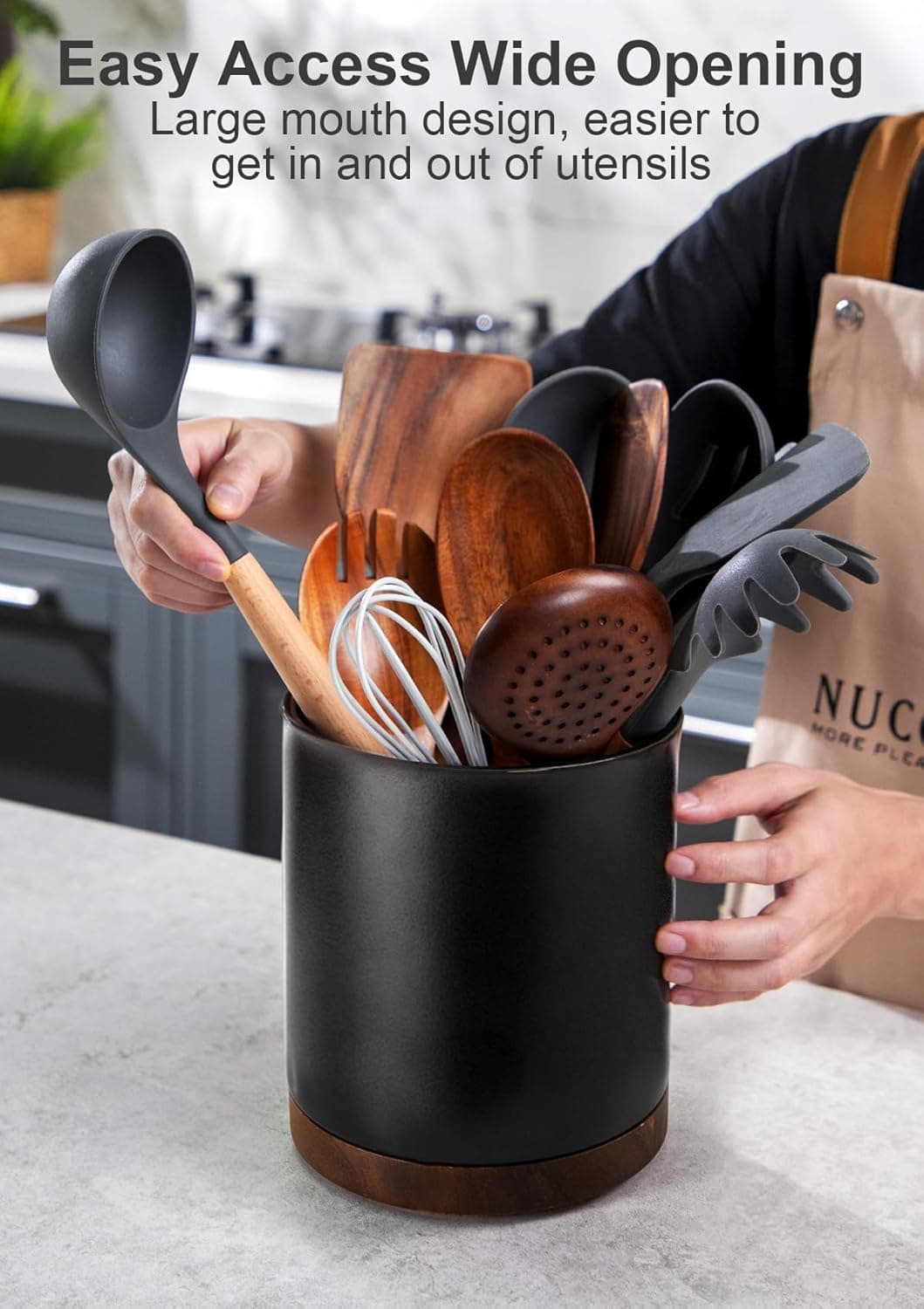 Nucookery 360°Rotating Utensil Holder, 7.2" Kitchen Utensil Crock, Ceramic Cooking Utensil Organizer with Countertop-Protection Cork Bottom for Farmhouse Kitchen Decor Christmas (Stone Black) - Image 5