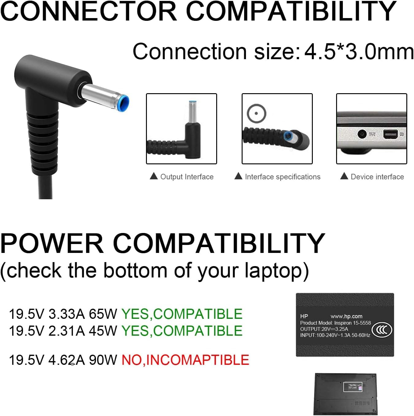 Charger for HP Laptop Computer 65W 45W Smart Blue Tip Power Adapter - Image 2