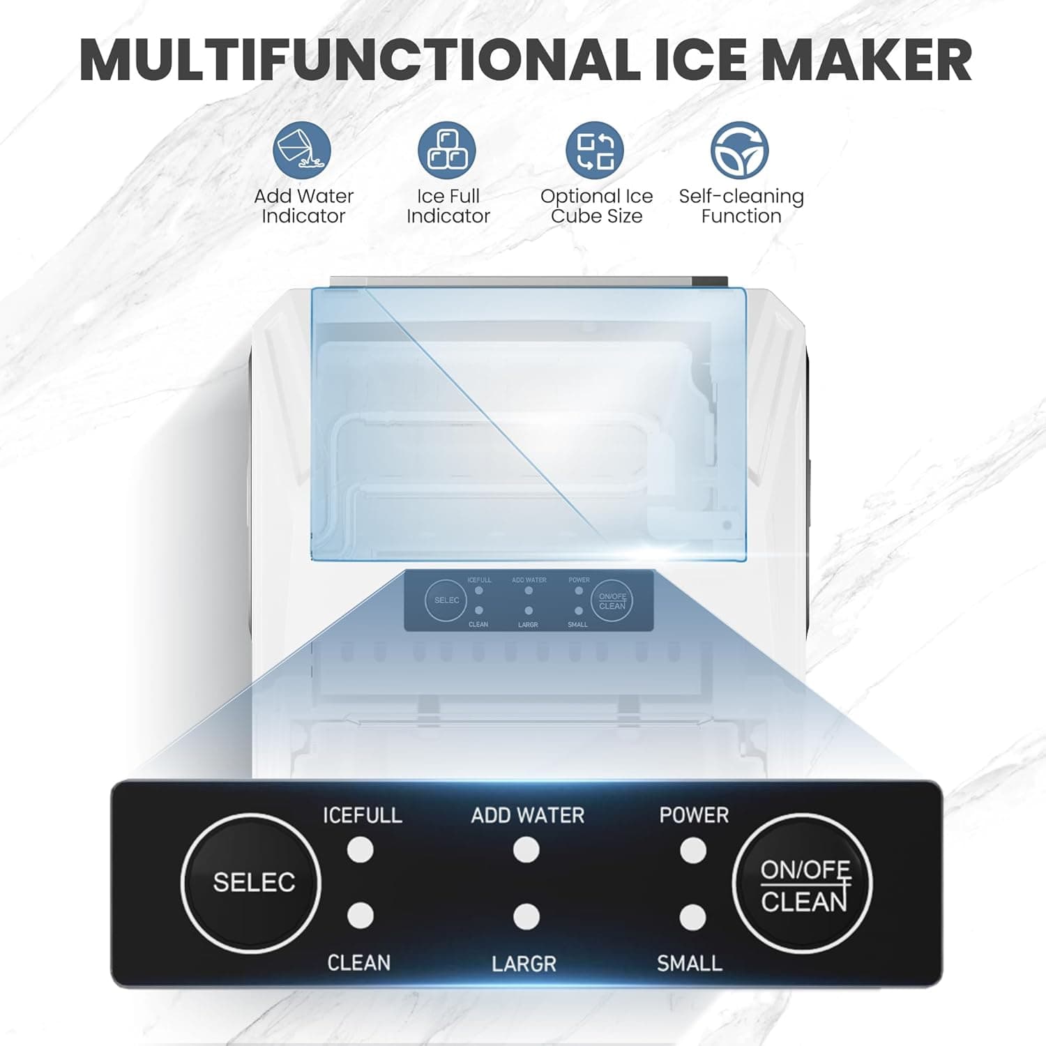 DUMOS Countertop Ice Maker, Portable 1.5L Ice Machine with Self-Cleaning, 26.5lbs/24H Fast Ice Making, 9 Bullet Ice Cubes in 6 Mins, 2 Size Options, Quiet Compact Ice Maker, Bright White Bright White 26.5Lbs/24H - Image 6