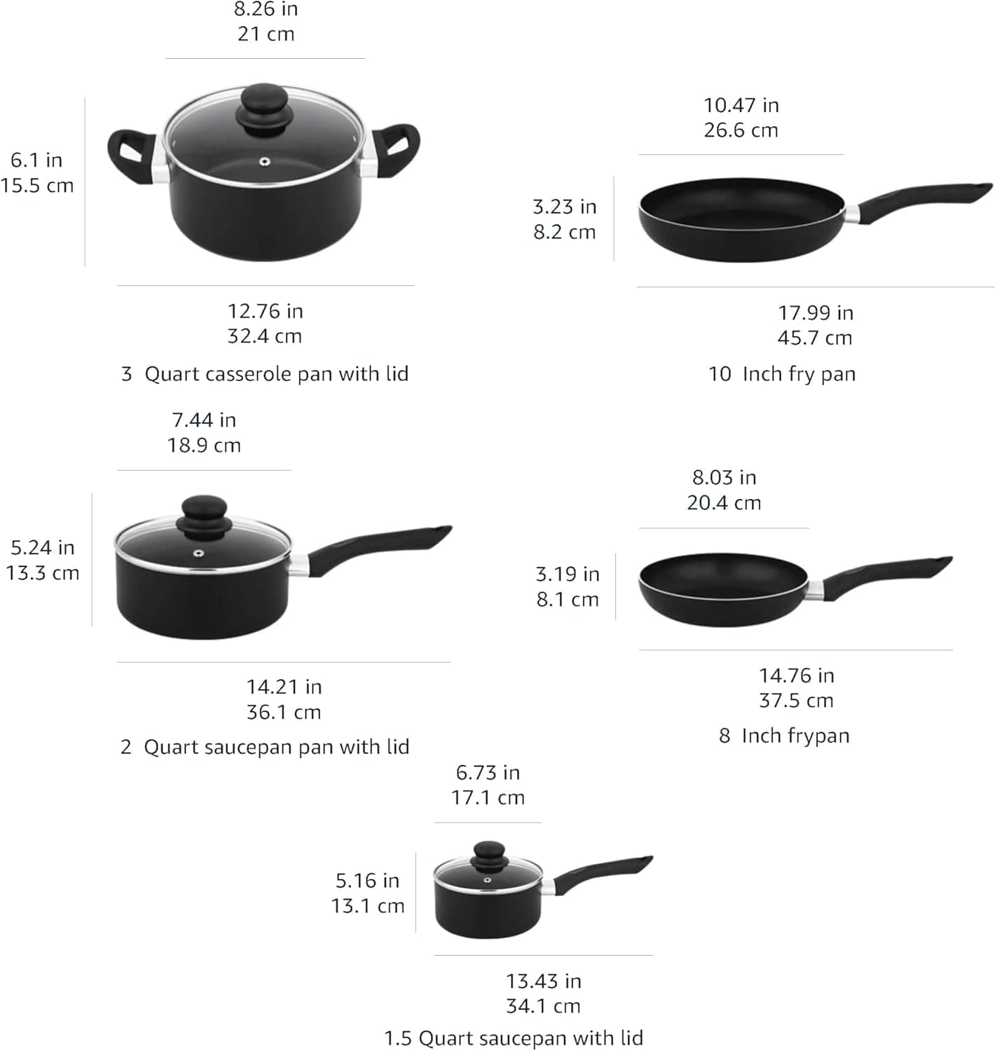 Amazon Basics Non Stick Kitchen Cookware 8-Piece Set, Non-Induction, Includes Pots and Pans, Black - Image 6