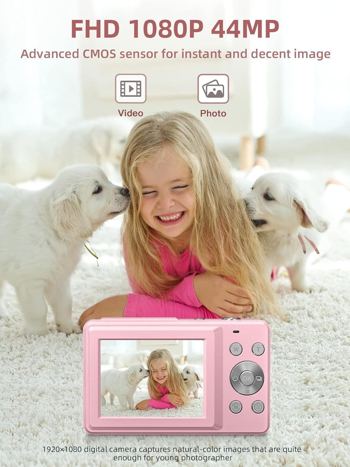 Digital Camera, FHD 1080P Digital Point and Shoot Camera with 16X Zoom Anti Shake, Compact Small Camera for Boys Girls Kids Pink - Image 3
