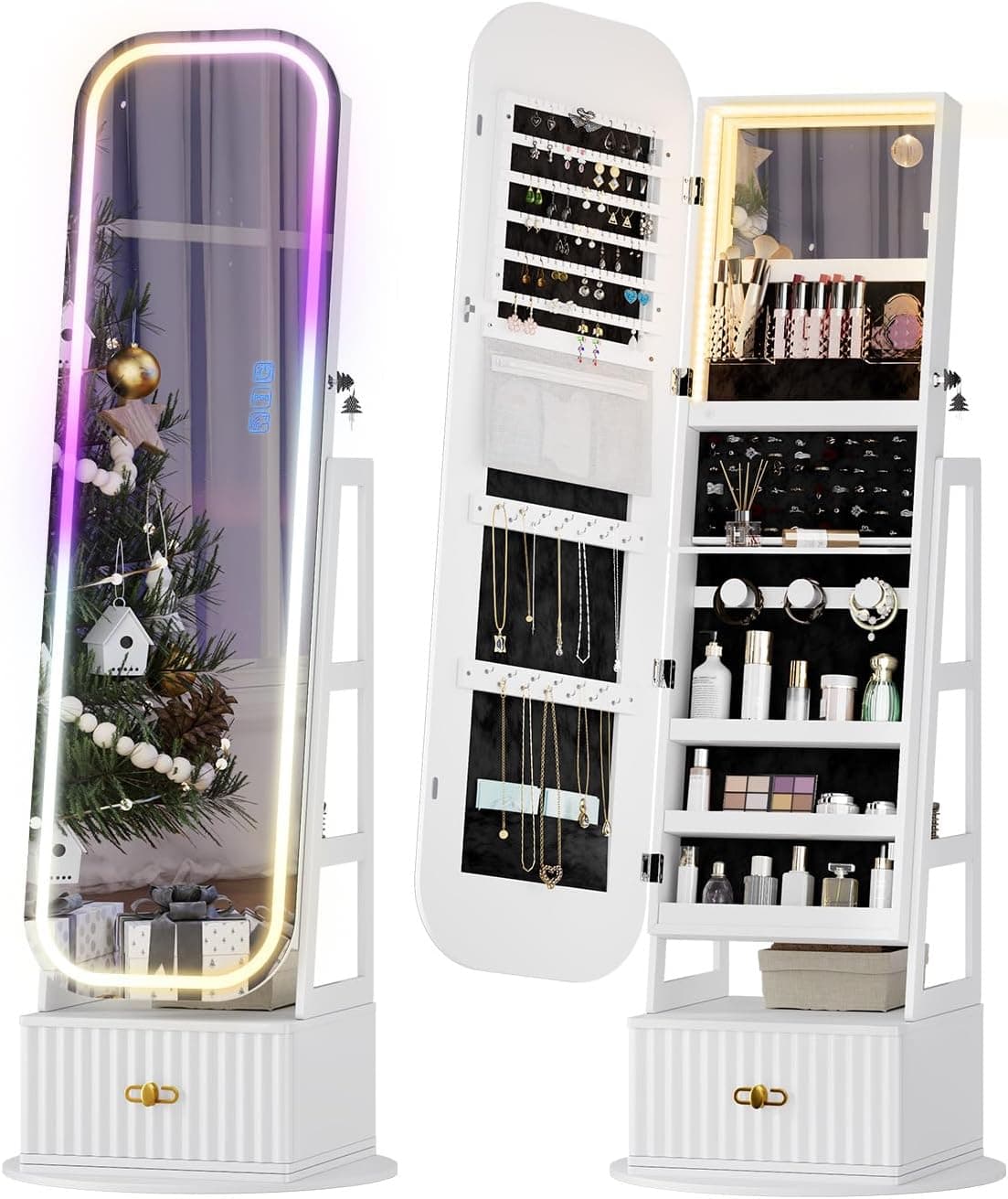 360° Swivel Jewelry Cabinet with Lights - RGB Vanity Mirror | Rotatable Full Length Mirror with Jewelry Storage, Standing Jewelry Armoire Organizer, Foldable Makeup Shelf, White (White 052) - Image 2