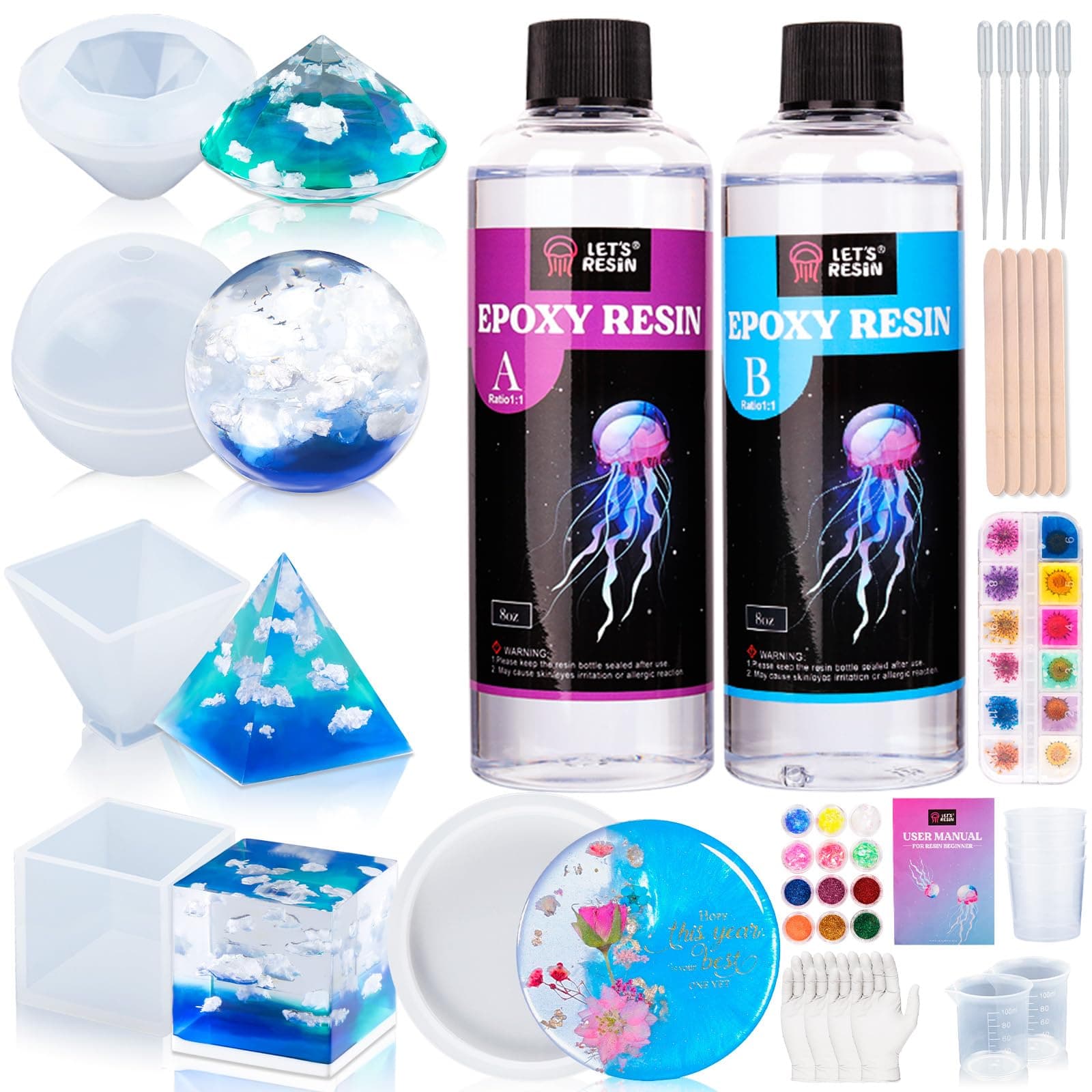 LET'S RESIN Epoxy Resin Kits and Molds Complete Set, 16oz Resin Art Kit with Silicone Molds, Pigment, Dried Flowers, Crafts for Adults, Beginners, Art Supplies for DIY Lovers, DIY Gift for Women