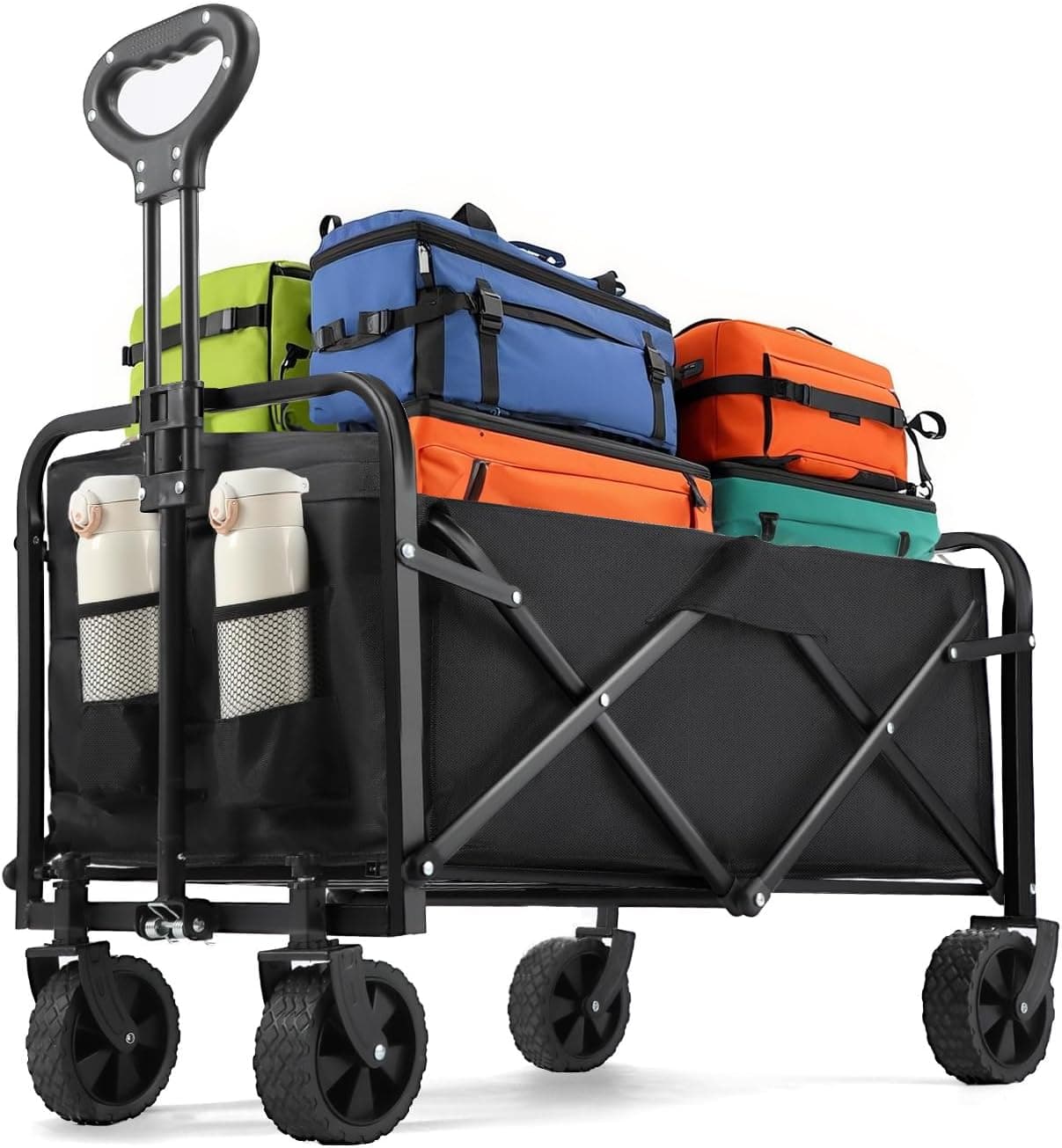 Collapsible Wagon 220 lbs, Heavy Duty Wagon Carts Foldable, Portable Wagons for Groceries, Beach Cart with All-Terrain Wheels & Drink Holders, Utility Wagon for Shopping, Sports, Camping, Black - Image 2