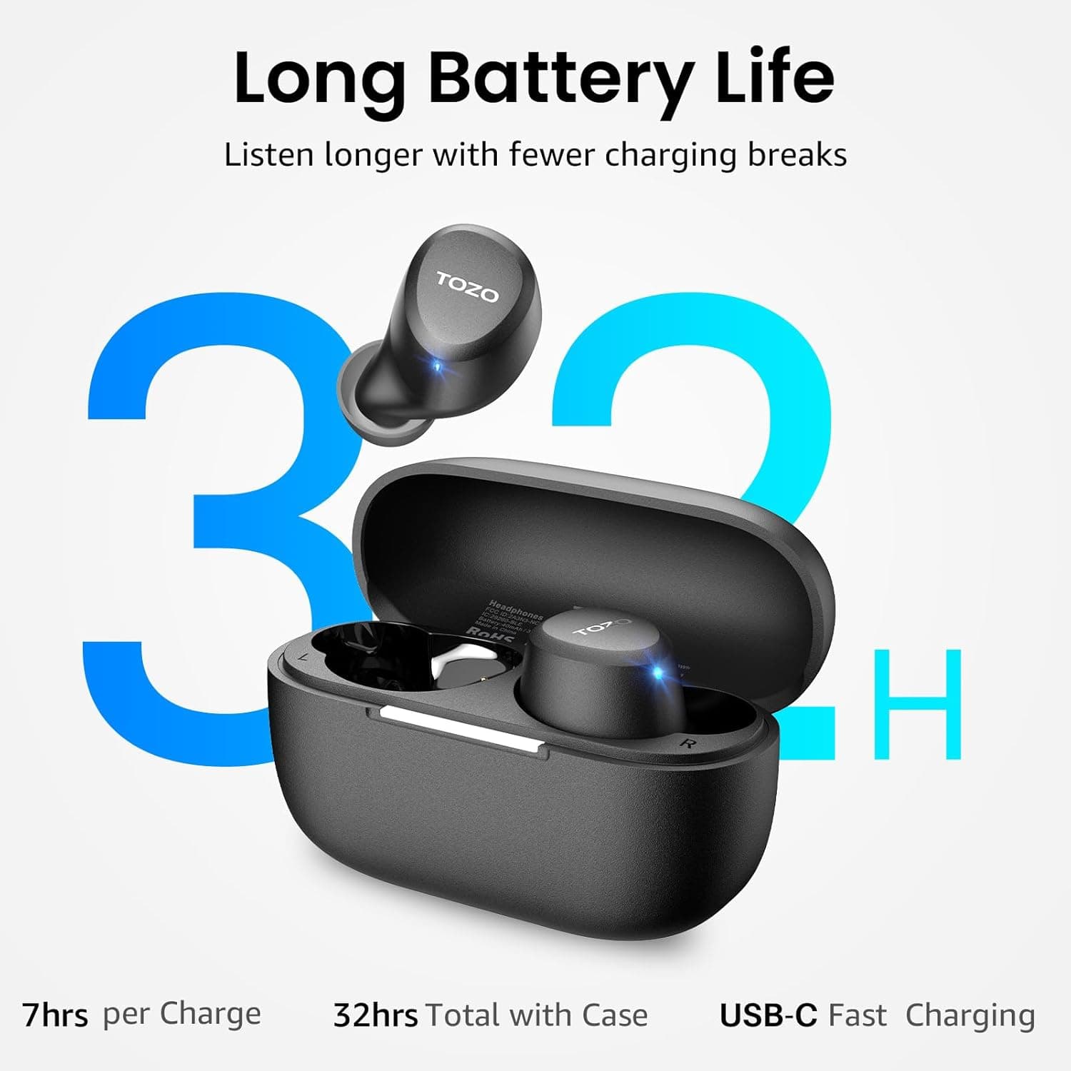TOZO A1 Wireless Earbuds Bluetooth 5.3 Light Weight in Ear IPX5 Waterproof Headphones 2 Mic for AI Calls, Immersive Premium Sound Bass Headset with Charging Case, 32 Presets EQ Customization via App Black Small Classical Edition - Image 5