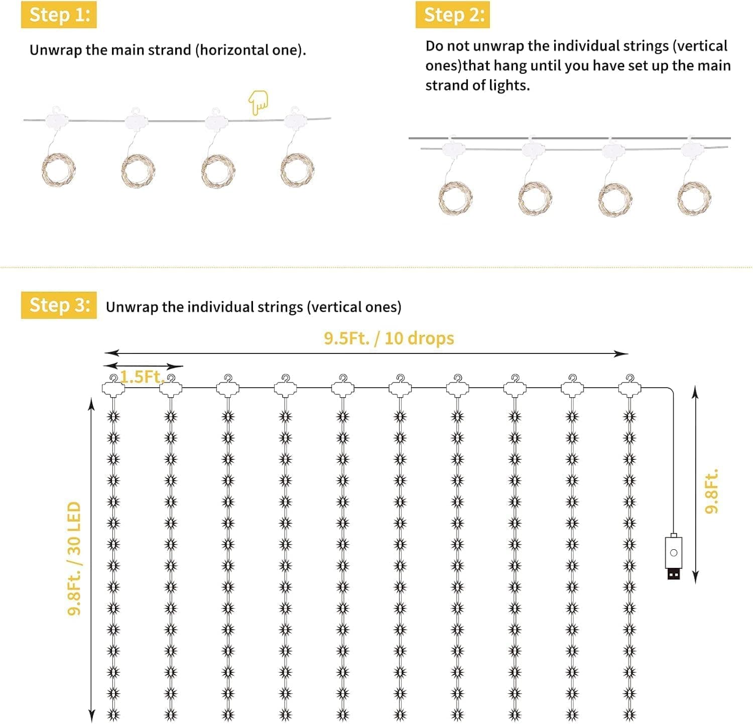 Minetom Curtain Lights, 300 LED Dimmable Fairy Lights with Remote and Timer, 8 Modes, USB Powered String Lights for Room Wall Party Xmas Indoor Decor, Warm White Warm White 1 Pack - Image 6