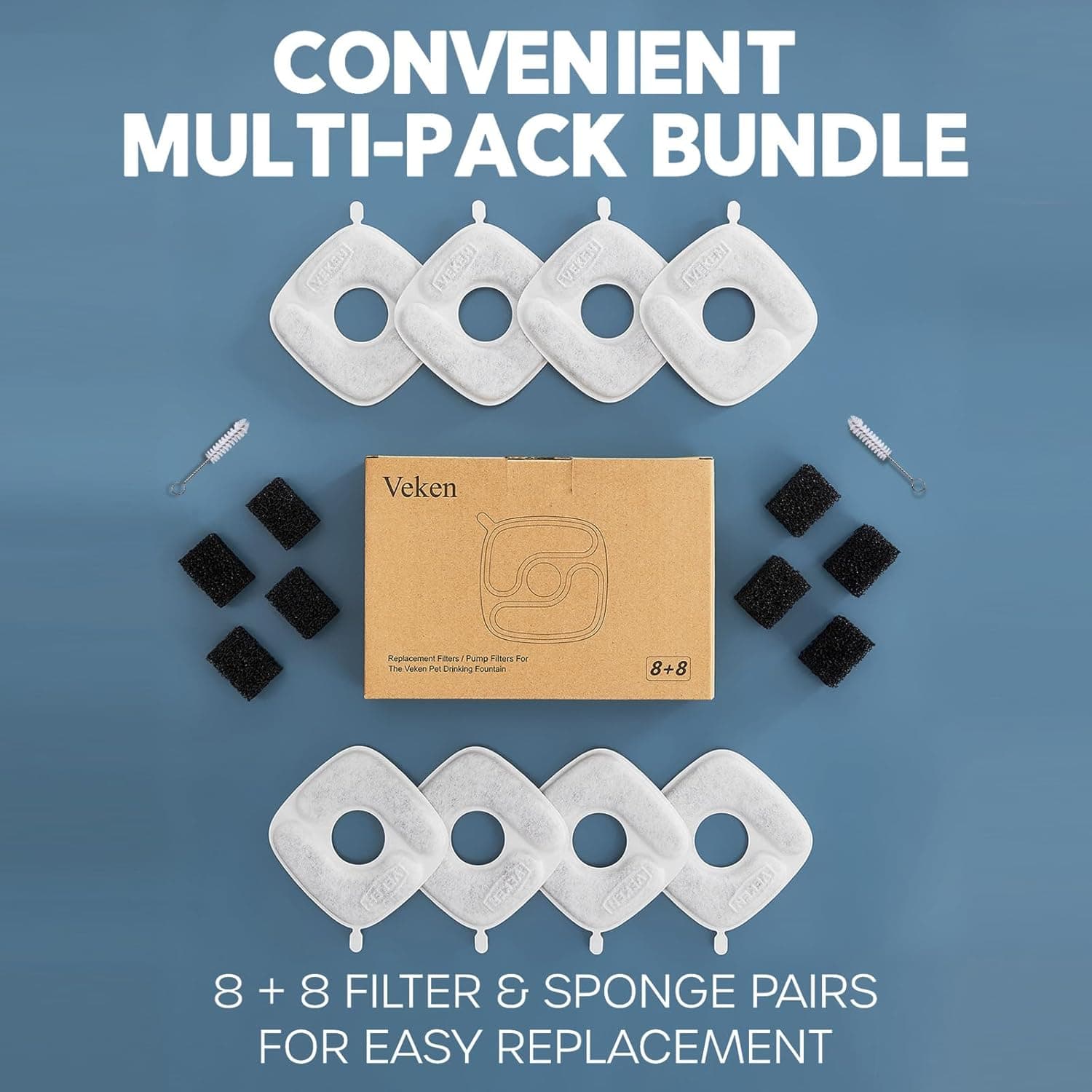 Veken Cat Water Fountain Filters, 8 Pack Replacement Filters & 8 Pack Replacement Pre-Filter Sponges Set for 50oz, 84oz, 95oz or 108oz Automatic Pet Fountain Dog Water Dispenser 8 Filters+8 Sponges (4 month supply) 5-Stage Filtration - Image 9