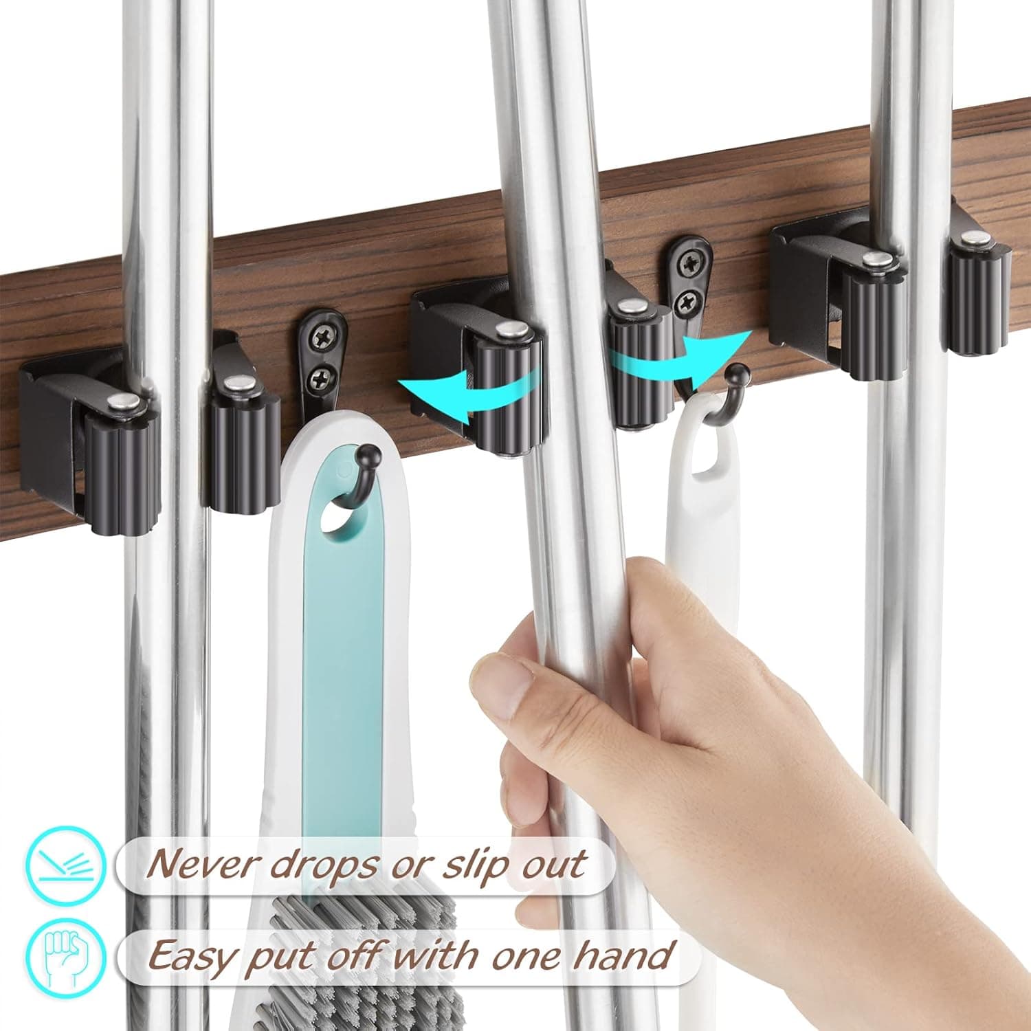 Mop and Broom Holder Wall Mount - Rustic Wood Broom Mop Hanger - Wall Mounted Garden Tool Rack Organizer for Closet Garage Laundry Room Kitchen Decor With 4 Slots & 4 Hooks Brown-4 Slots - Image 3