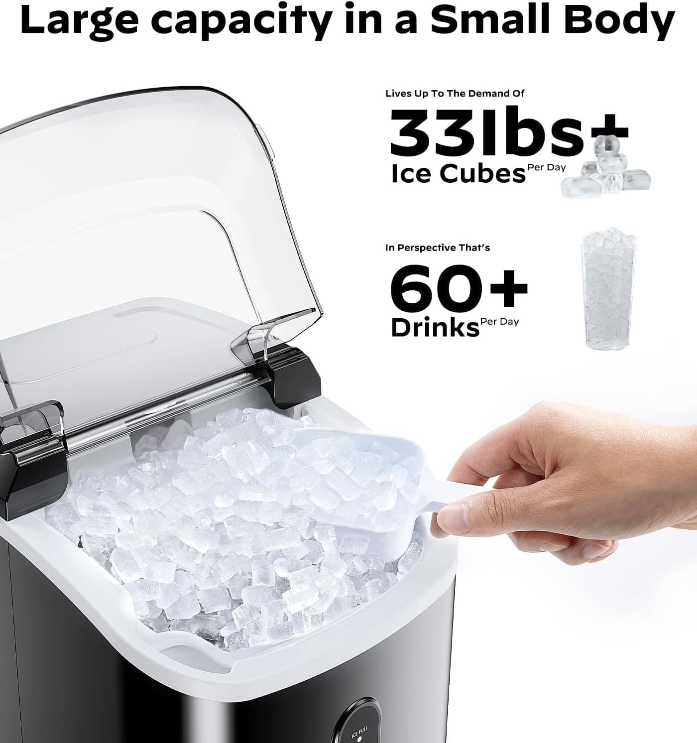 Nugget Ice Maker Countertop, Silonn Chewable Pellet Ice Machine with Self-Cleanin Function, 33lbs/24H Portable Ice Makers for Home Kitchen Officce, Black Black-transparent 33lbs - Image 4