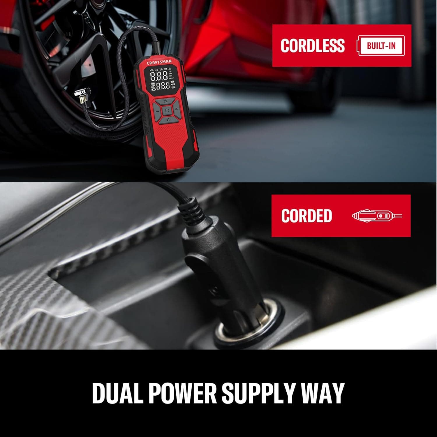 CRAFTSMAN Tire Inflator Portable Air Compressor, Cordless Mini Air Pump for Car Tires with Digital Tire Pressure Gauge, 6000mAh Battery Powered Air Pump, Max Pressure 150 PSI, 12V DC Corded - Image 7