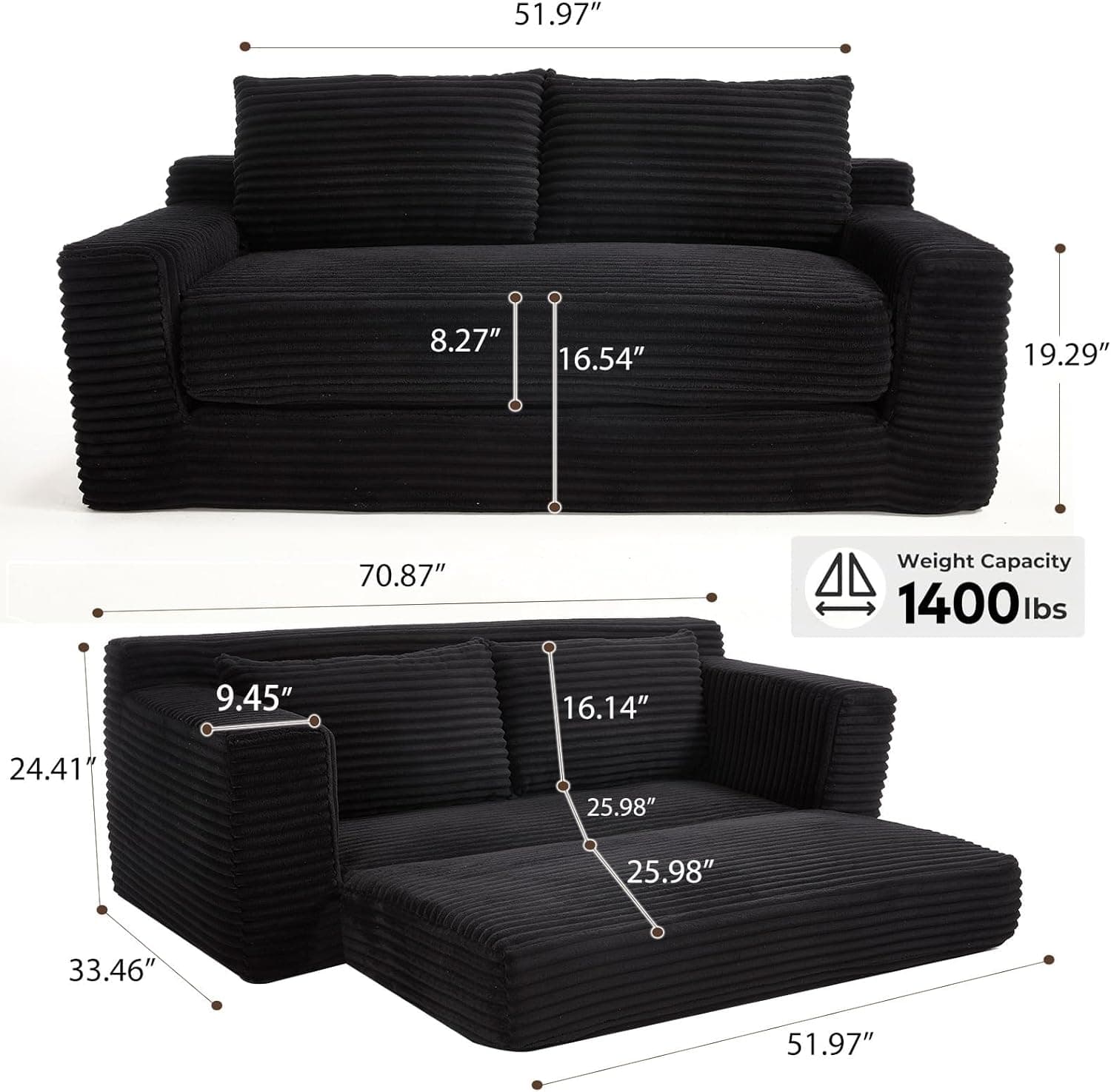 GNIXUU 71" Corduroy Cloud Loveseat Sofa, 2 in 1 Convertible Black Boneless Sleeper Sofa with Fixed-Shape Frame, Comfy Folding Love Seat Couches for Living Room, Apartment, Small Spaces - Image 3