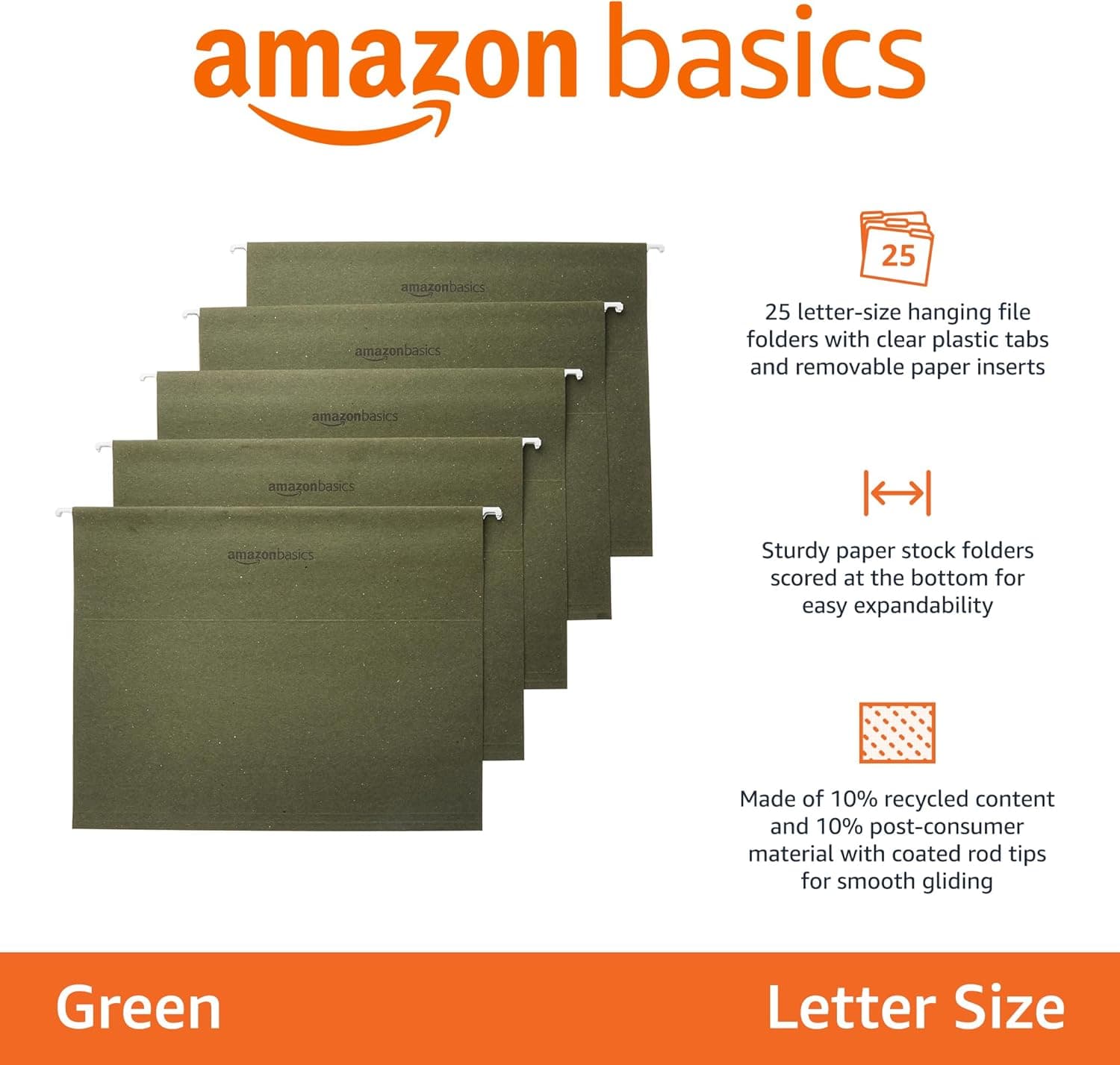Amazon Basics Hanging Organizer File Folders for Efficient Filing, Sturdy, Adjustable Tabs, Letter Size, Pack of 25, Green Green 25 Pack - Image 2