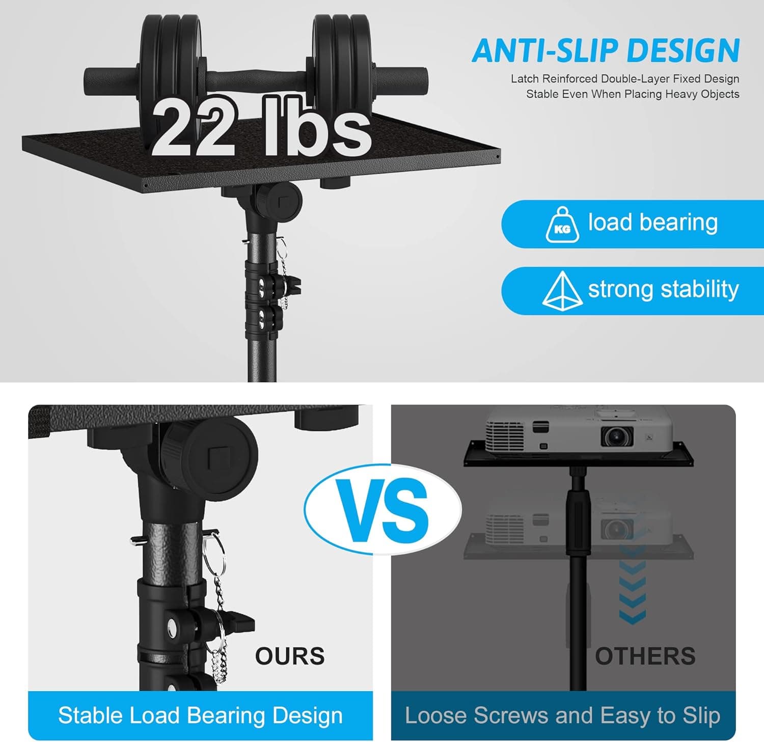 Adjustable Projector Stand Tripod, Laptop Height mula 23.5 hanggang 46.5 pulgada na may Gooseneck Phone Holder, Floor para sa Office, Home - Image 3