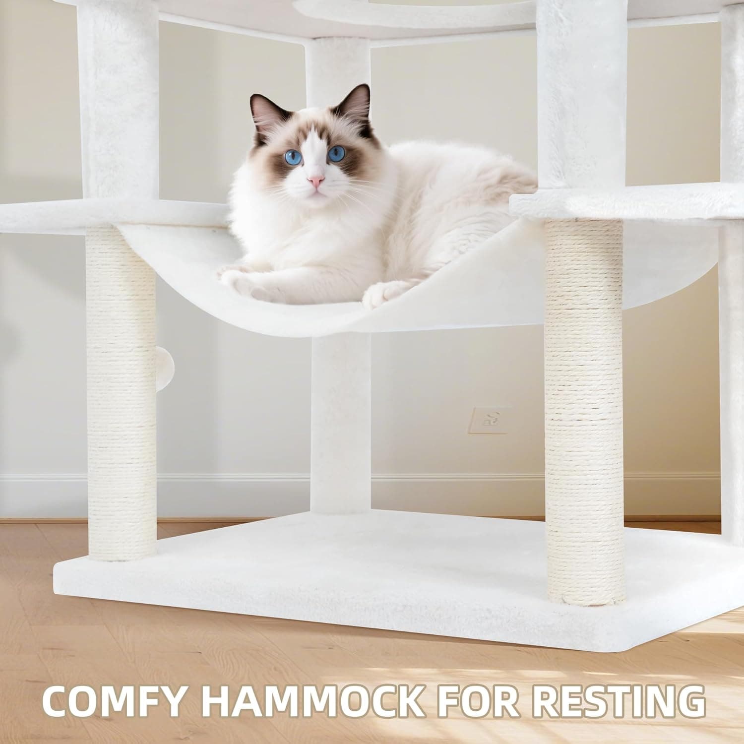 71in Multifunctional Multi-Level Cat Tree Tower for Indoor Cats,Cat Tree with Hammock,2 Condos,2 Hanging Baskets,2 Feather Toys,3 Perches,5 Hanging Balls,7 Scratching Posts,Beige 71" Beige - Image 5