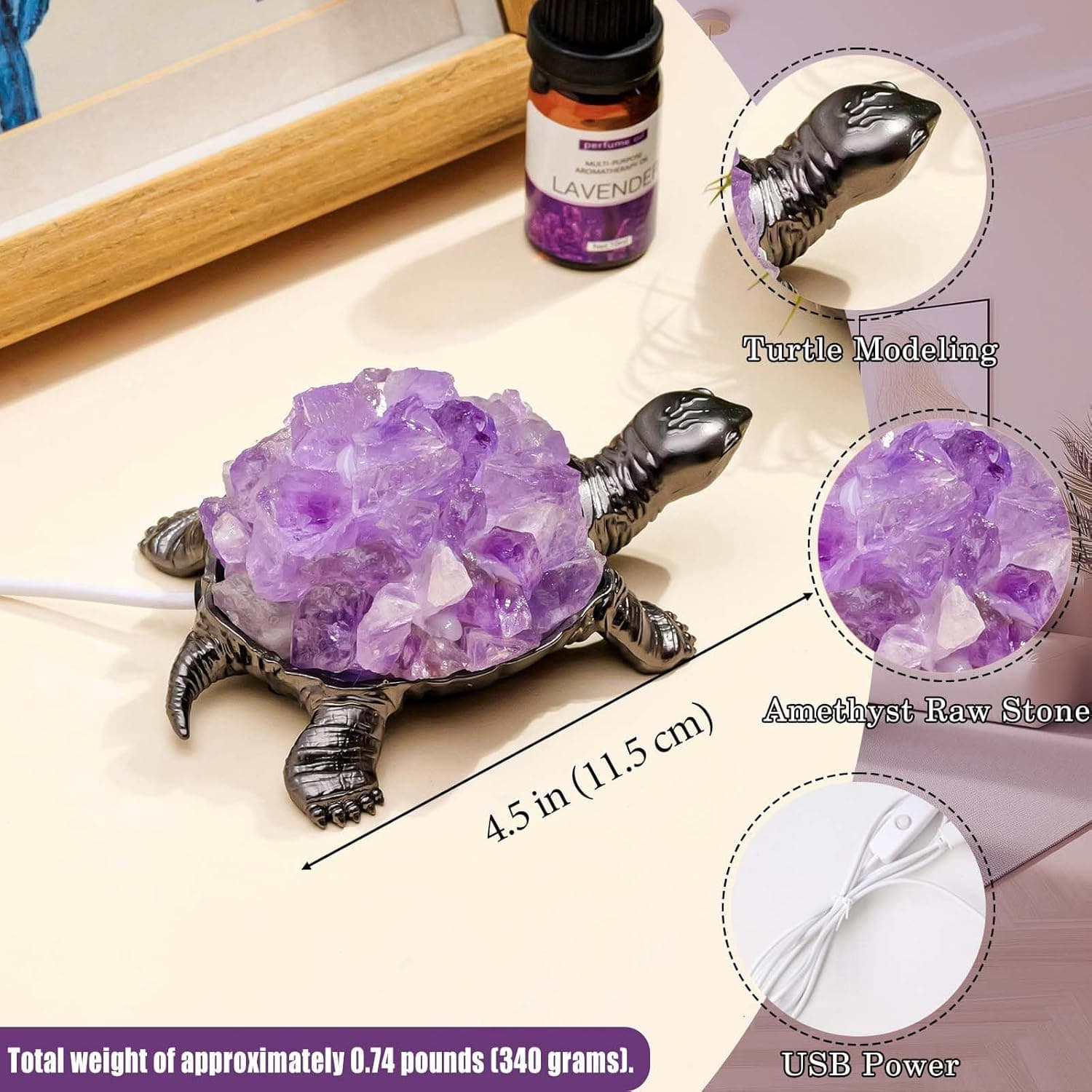 Runyangshi Natural Amethyst Turtle Night Lamp Healing Crystal Bedroom Bedside Table Lamp USB Port Home Decor Women Men Gift Purple2 - Image 3