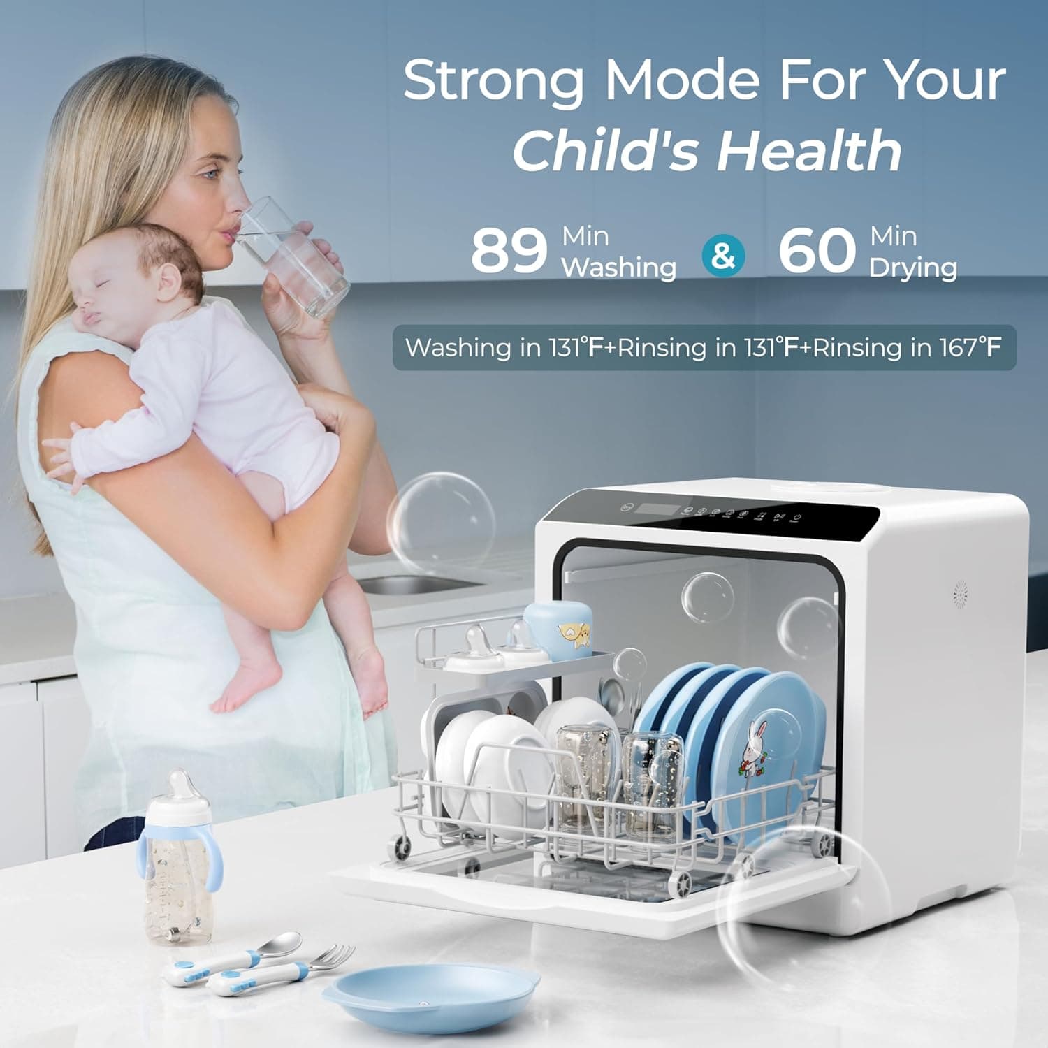 EUHOMY Countertop Dishwasher Portable with 6 Programs, 5L Built-in Water Tank for Apartments & RV, 167℉ High-Temp, No Hookup Needed, Mini Dishwasher with Baby Care, Air Dry/Quick/ECO/Fruit/Normal Mode 6 Programs - Black - Image 4