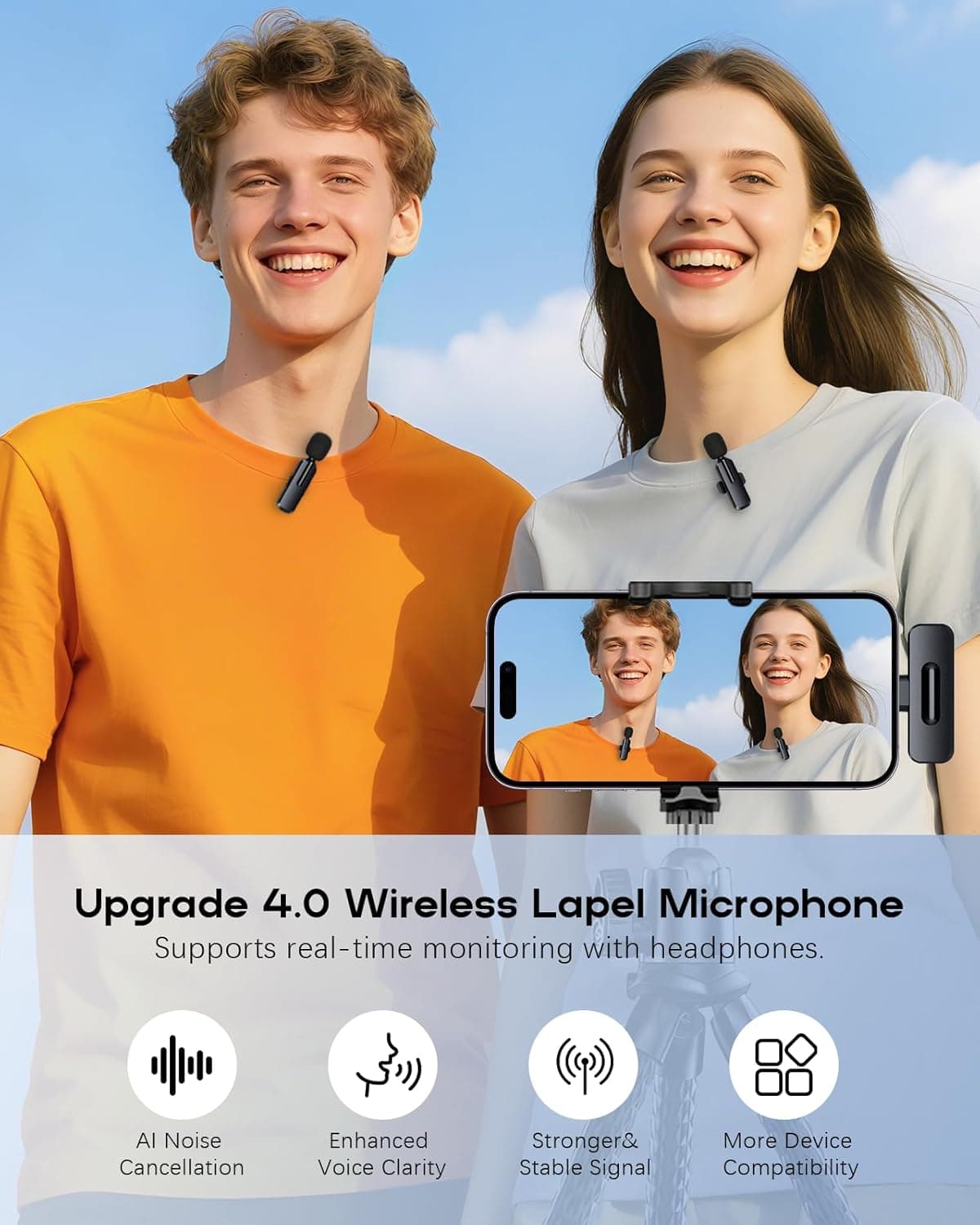 ZOPPLM Wireless Mini Microphone para sa iPhone - 2 Pack Lavalier Bluetooth Microphone para sa Video Recording, 2 sa 1 Noise Reduction - Image 3