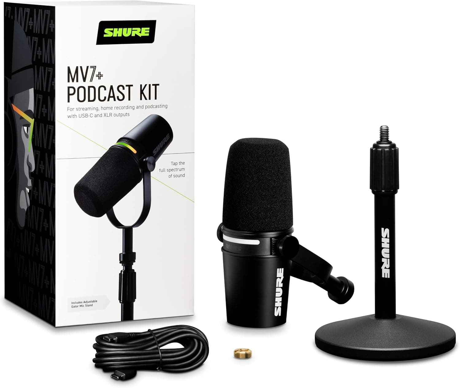 Shure MV7+ Podcast Dynamic Microphone with Stand – OBS Certified, Enhanced Audio, LED Panel, USB-C & XLR Outputs, Auto Level Mode, Digital Pop Filter – for Podcasting, Streaming, and Recording, Black Tripod - Image 3