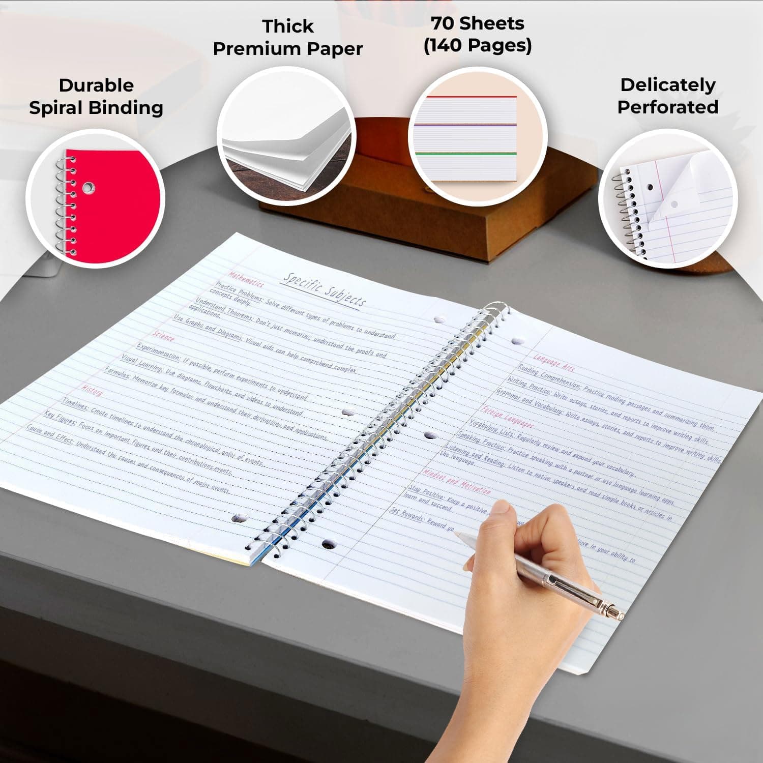 Rosmonde Spiral Notebooks, 12 Pack, 1 Subject Notebook, Wide Ruled, 70 Sheets, 8 x 10-1/2", 3 Hole Punched, School Supplies, Bulk Single Subject Spiral Notebook Bulk, Assorted Colors Pack of Notebooks 12 Pack 1 Subject - Image 3