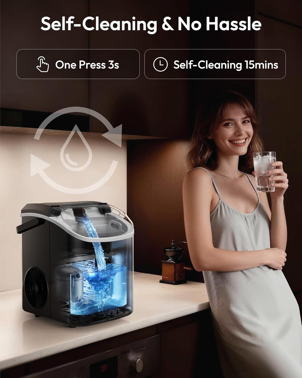 EUHOMY Nugget Ice Maker Countertop with Handle, Ready in 6 Mins, 35lbs Per Day, Removable Top Cover, Auto-Cleaning, Portable Sonic Ice Maker with Basket and Scoop, for Home/Party/RV/Camping - Image 6