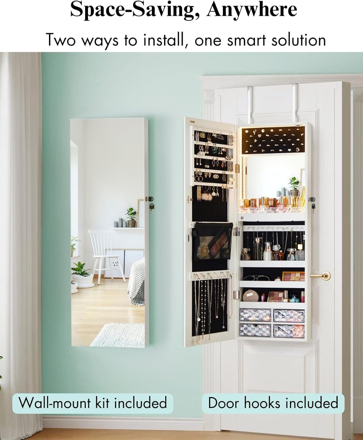 LUXFURNI LED Lights Mirror Jewelry Cabinet Wall Mounted or Door-Hanging, 42" Full Length Mirror with Storage, Built-in Makeup Mirror, Lockable Jewelry Mirror Organizer, White Full Frame White - Image 4