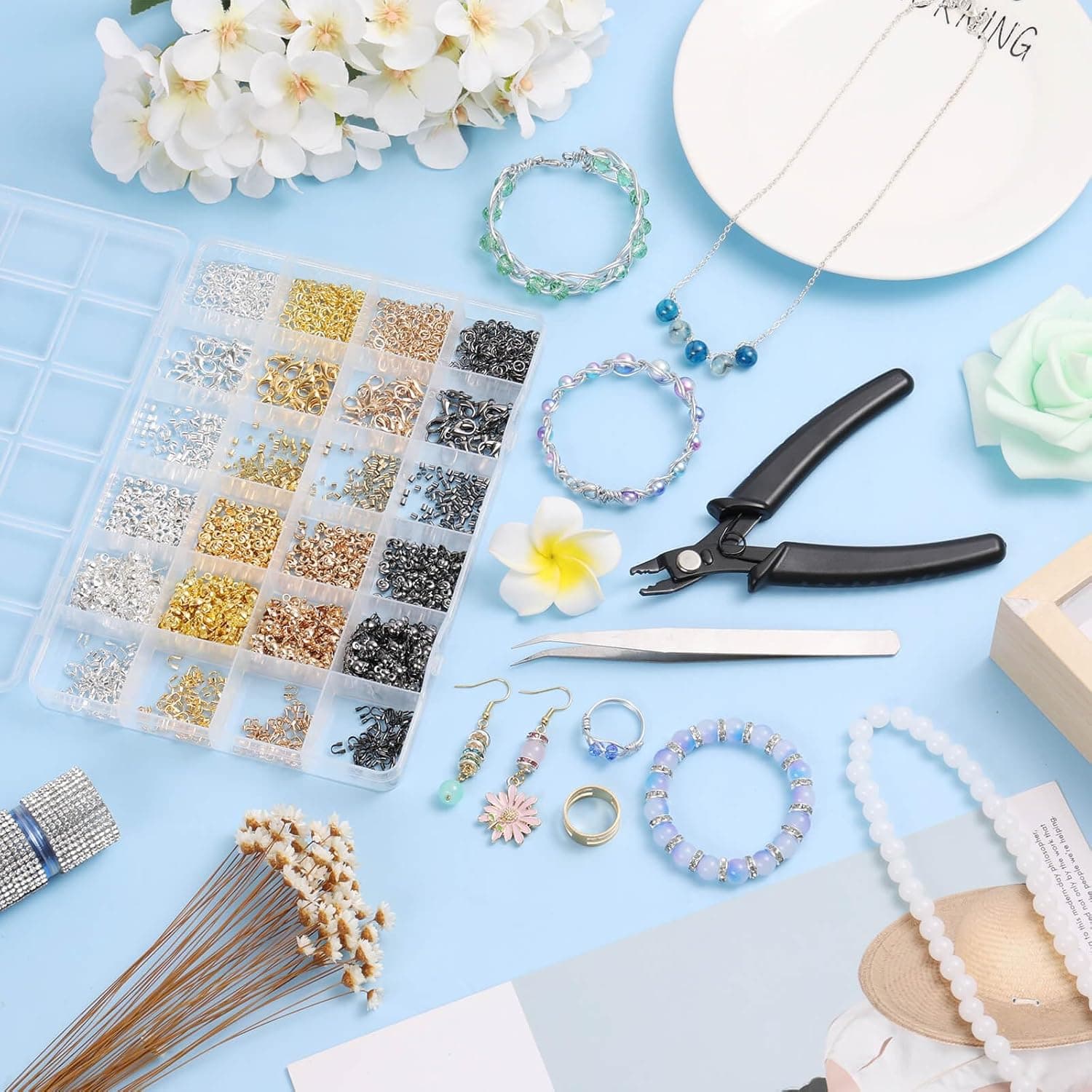 Acejoz 2160 Pieces Crimp Beads Kit for Jewelry Making, Knot Covers, Crimp Bead Covers, Crimp Tubes, Jump Rings and Wire Guardians with Crimping Pliers, Elastic String for Bracelets Necklaces Making - Image 8