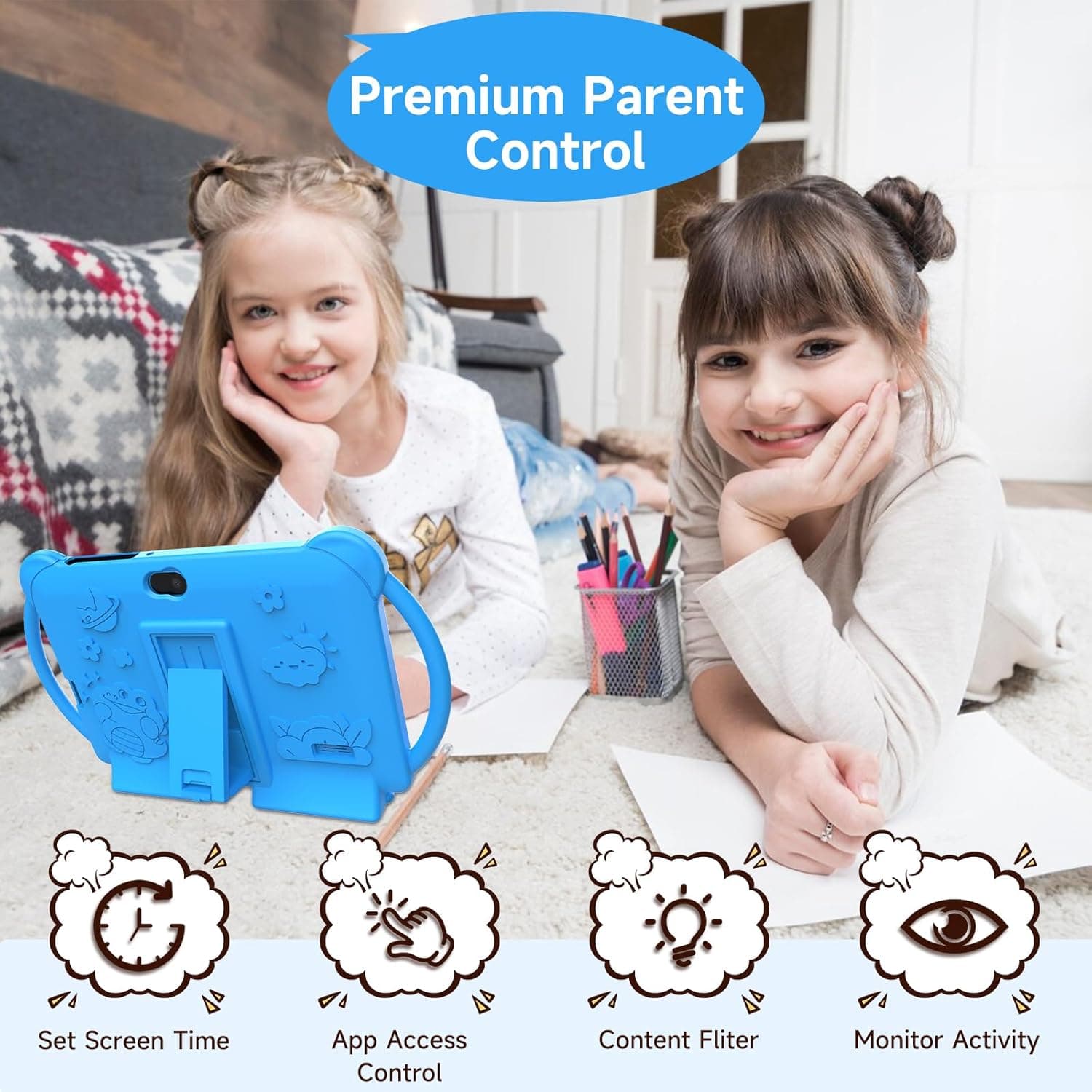 Kids Tablet 7 inch Android 12.0 for Toddler, 4GB RAM 32GB ROM Bluetooth IPS Screen Parental Control Dual Camera Shockproof Case for Educational Games, (Blue) - Image 5