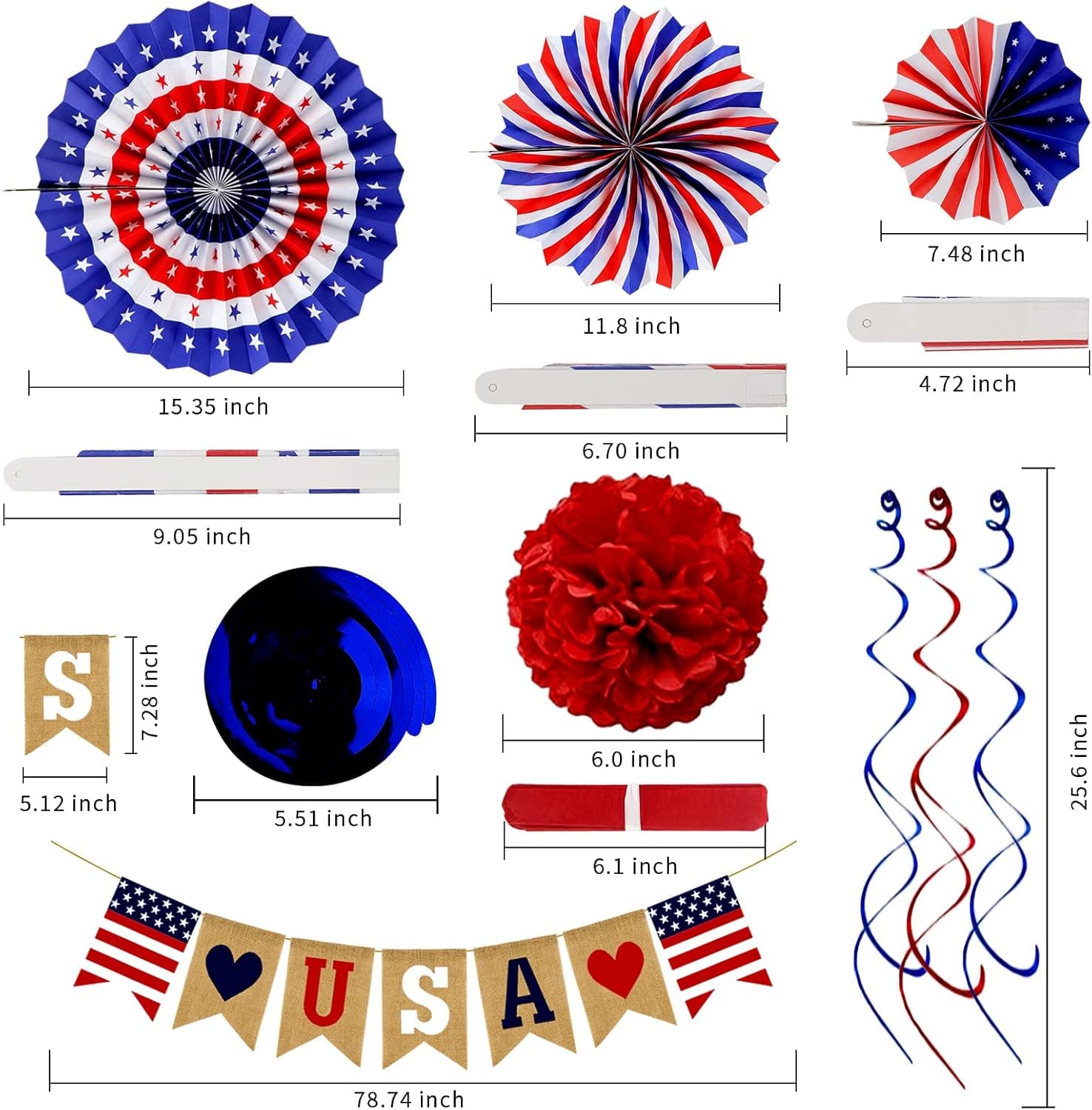 26Pcs Patriotic Decorations 4th of July Decorations LOVE USA Banner Red White Blue Paper Fans Star Streamer Pom Poms Hanging Swirls for Veterans Labor Presidents Flag Memorial Day - Image 3