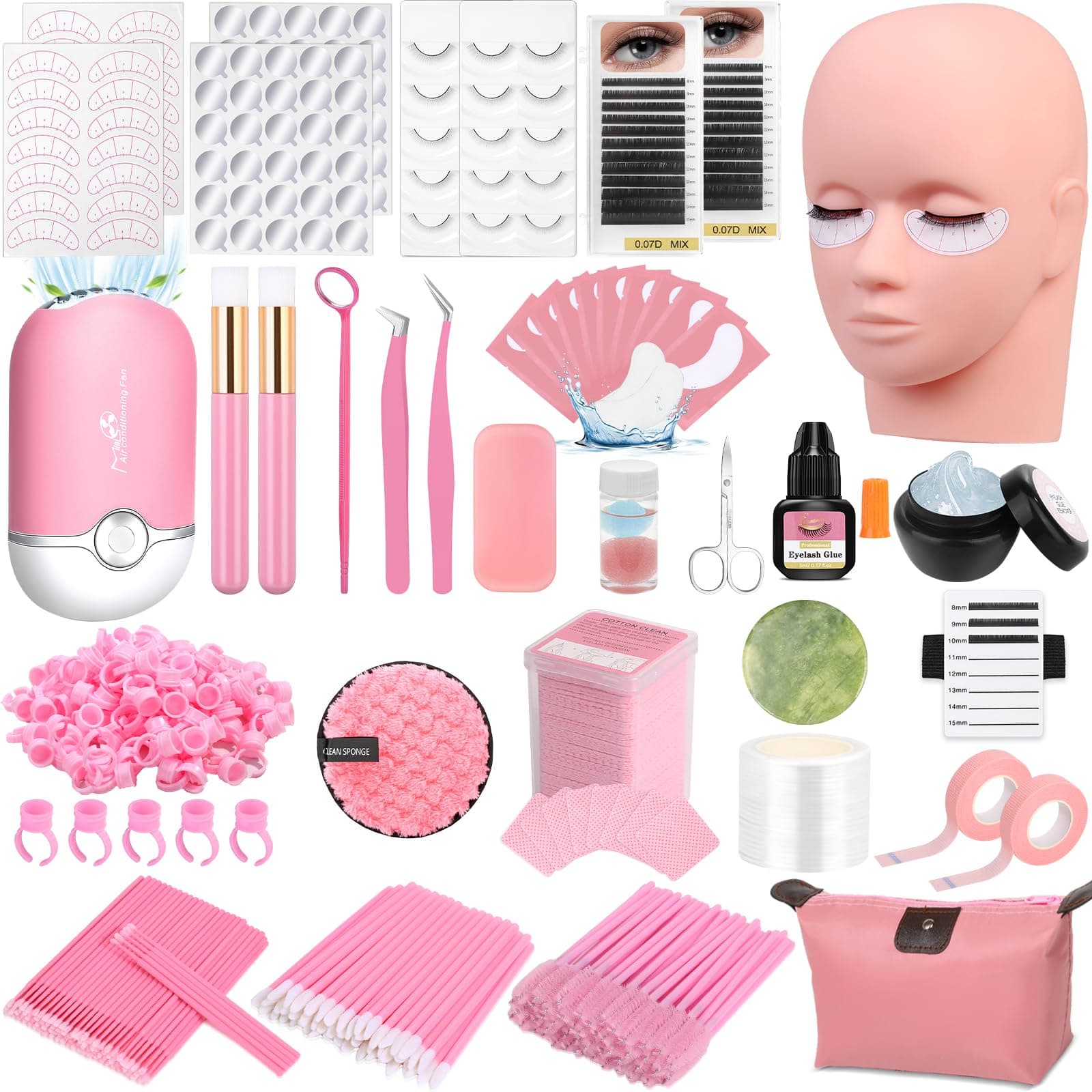 Lashes Kit for Eyelash Extension Beginner Lash Tech Starter Kit with Eye Lash Mannequin Head, Professional Eyelash Extension Kit with Lash Fan, Extension Glue and Eyelash Remover for Practice Training Pink