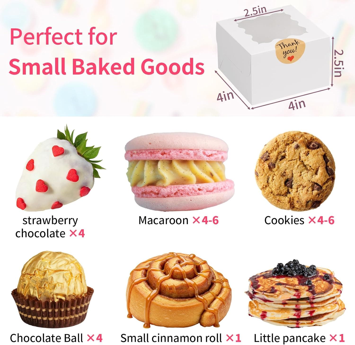 WINKIO 24pcs White Cookie Boxes, 4x4x2.5 Inches Bakery Boxes with Window, for Mini Cake Treat Dessert Pastry Donuts Macaroon Strawberries Chocolate Candy (with Stickers) white 4x4x2.5 inches 24 - Image 5