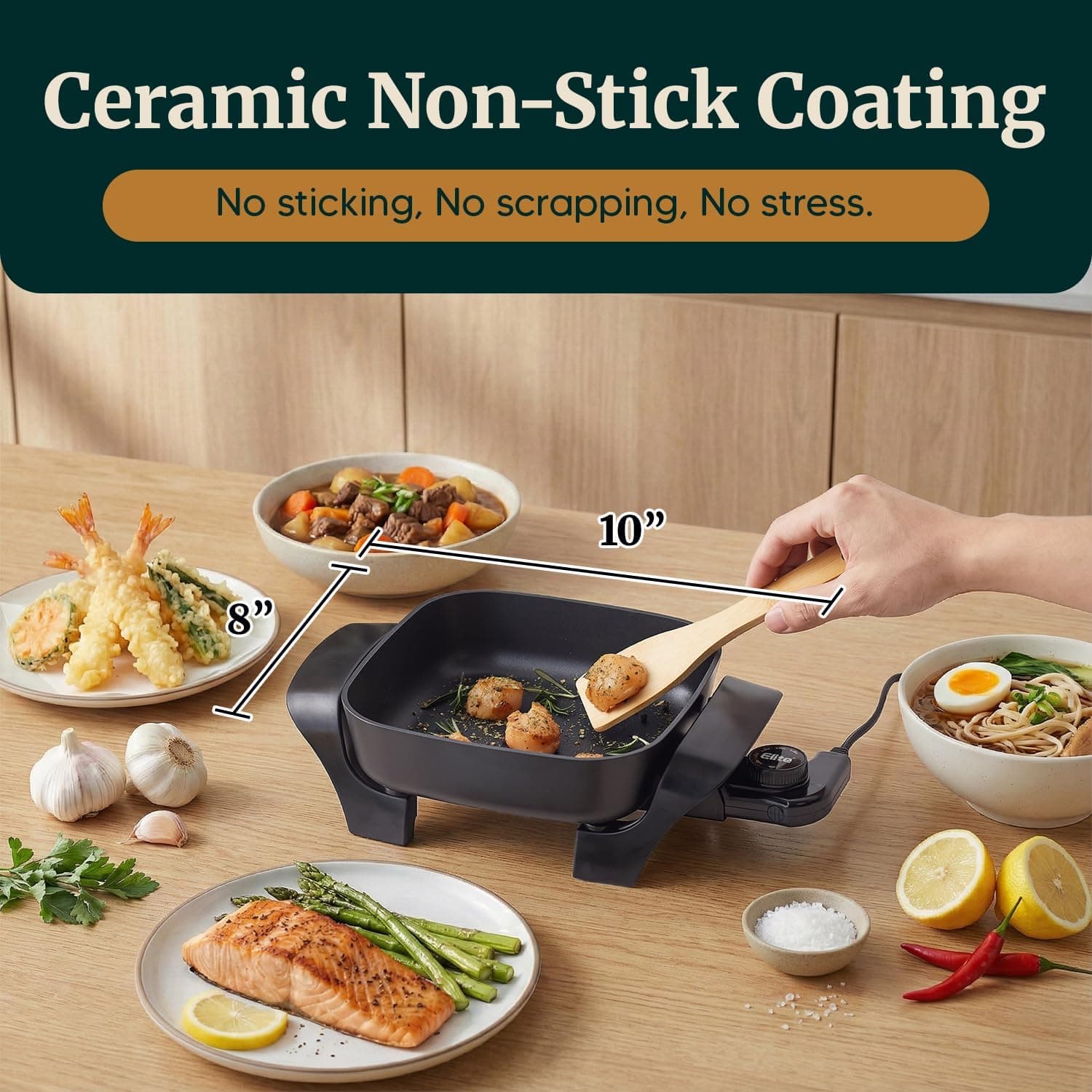 Elite Gourmet EG808 8” x 8" Non-stick Electric Skillet, Dishwasher Safe with Tempered Glass Vented Lid, Rapid Heat Up, 600W, Black 8" x 8" (2.5 Qt) - Image 7