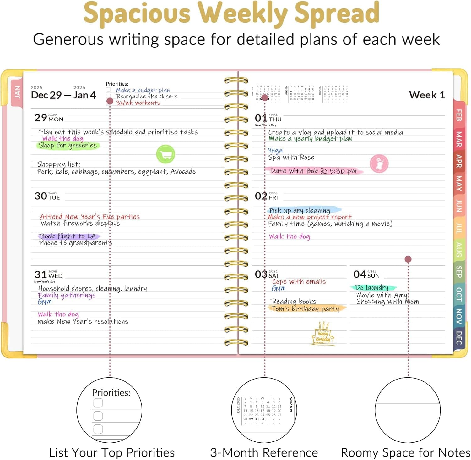 Planificador Forvencer 2026, Planificador de Calendario de Tapa Dura Semanal y Mensual, Ene 2026 - Dic 2026, 8.5" x 11", Organizador Diario Espiral para el Hogar y la Escuela, Rosa 8.5" x 11" - Image 3