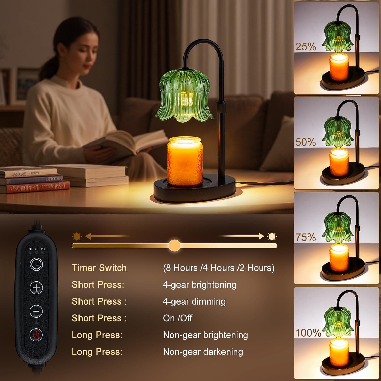 Candle Warmer Lamp Adjustable Timer Electric－Green Flower-Shaped Wax lamp - Image 4