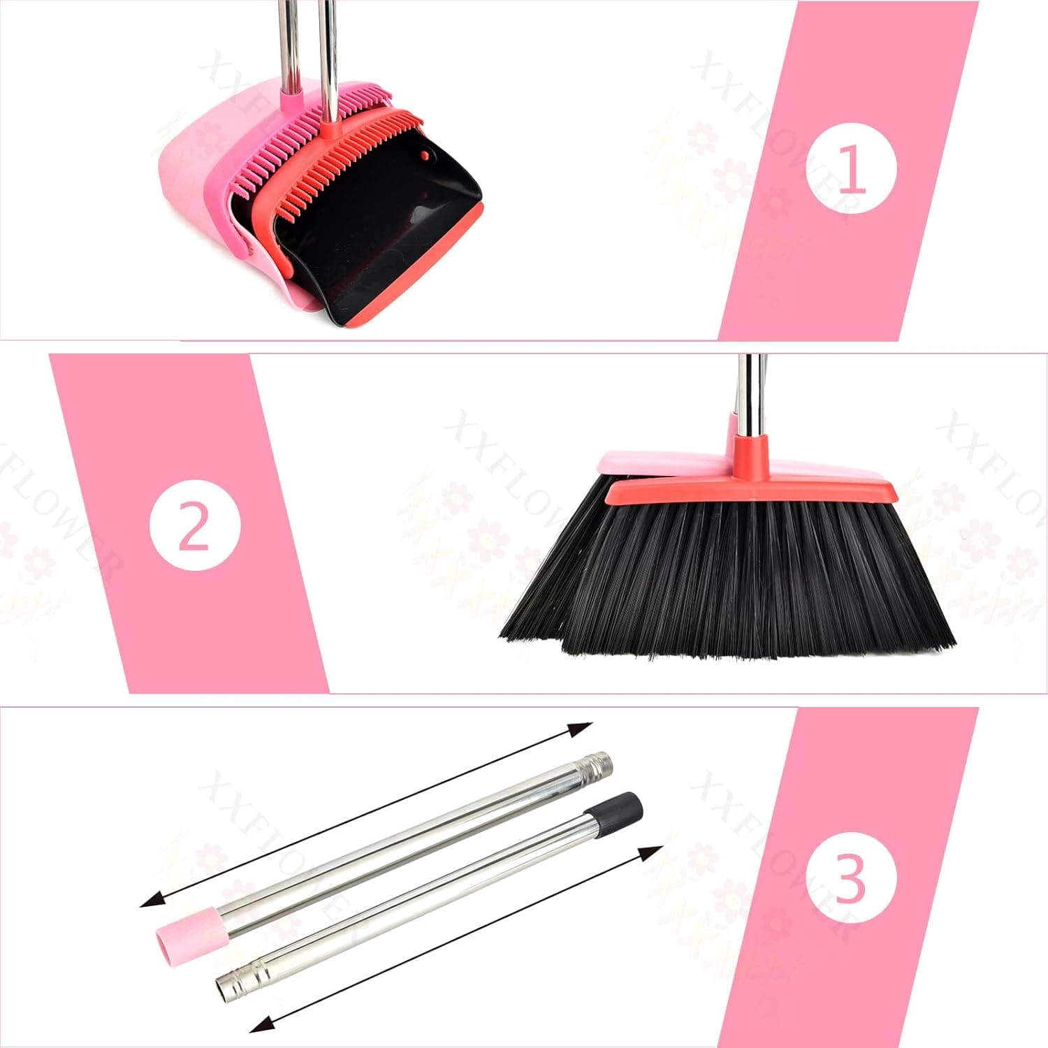 Broom and Dustpan Set, Dustpans with Broom Combo for Home, Heavy Dust Broom and Dustpan Combo, Long Handle Dust Pan and Broom Set for Kitchen, Office, Pet Hair,Pink, Pack of 1 - Image 3