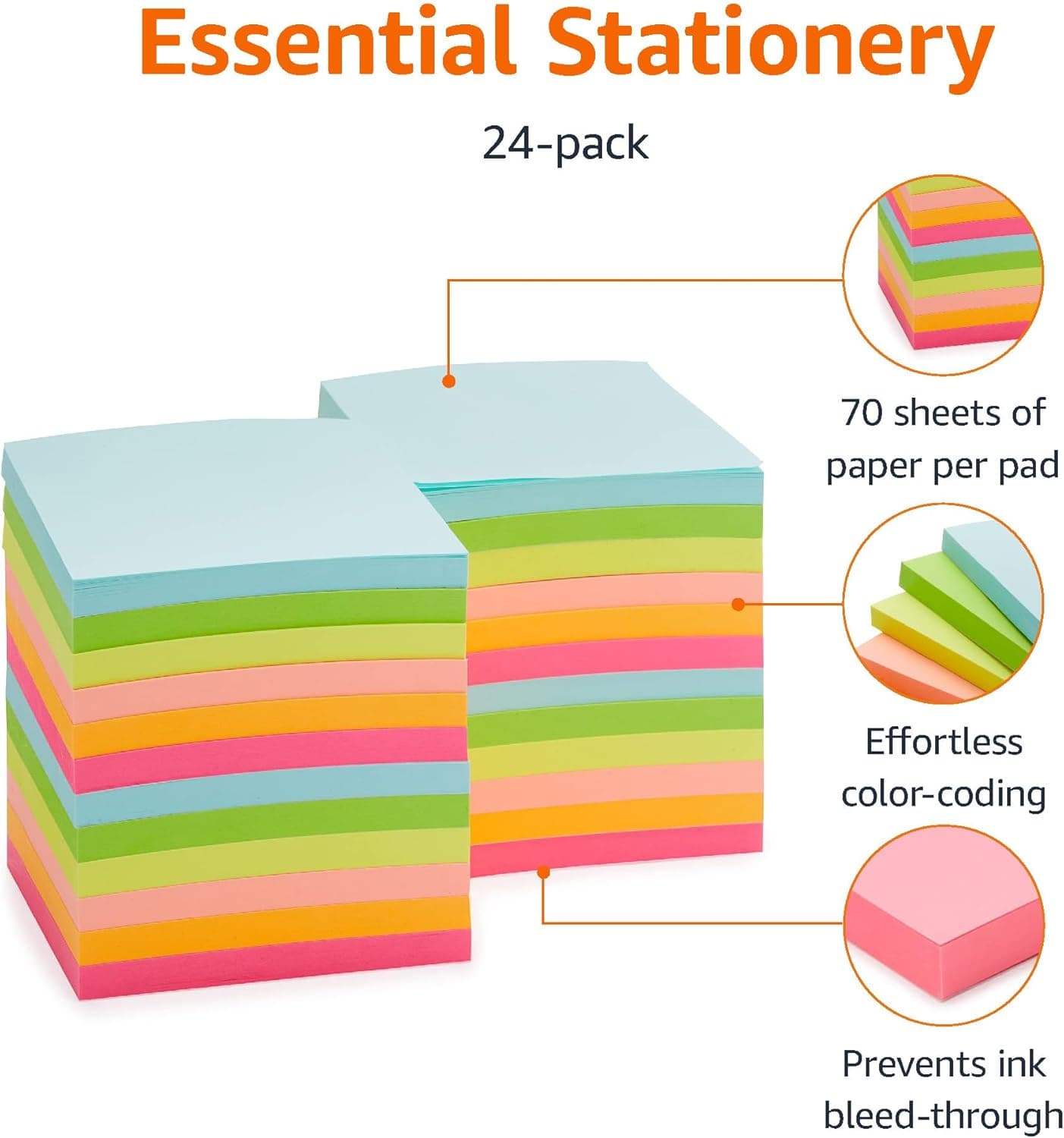Amazon Basics Square Sticky Notes, Office Supplies for Desk, 3-x-3-inch, 24-Pack, Assorted Colors - Image 3