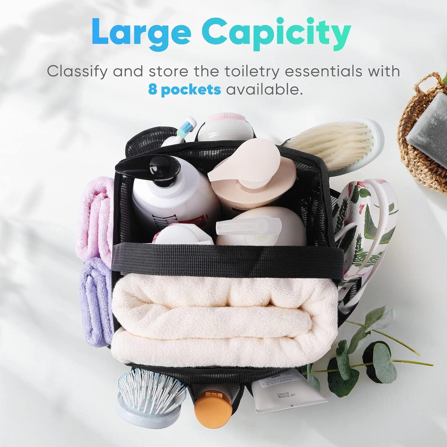 Eudele Mesh Shower Caddy Portable for College Dorm Room Essentials, 8-Pocket Large Capacity Shower Bag for Beach, Swimming, Gym All Black - Image 3