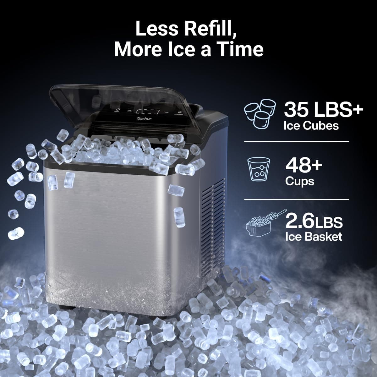 Typhur Fast Nugget Ice Maker Countertop with Self-Cleaning Pump, 35lbs/24H Crushed Pebble Ice Machine with Pellet Ice, 8 Packs Cleaner, Dual Ice Scoops for Home, Kitchen, Party, RV, Stainless Steel Piano Black - Image 4