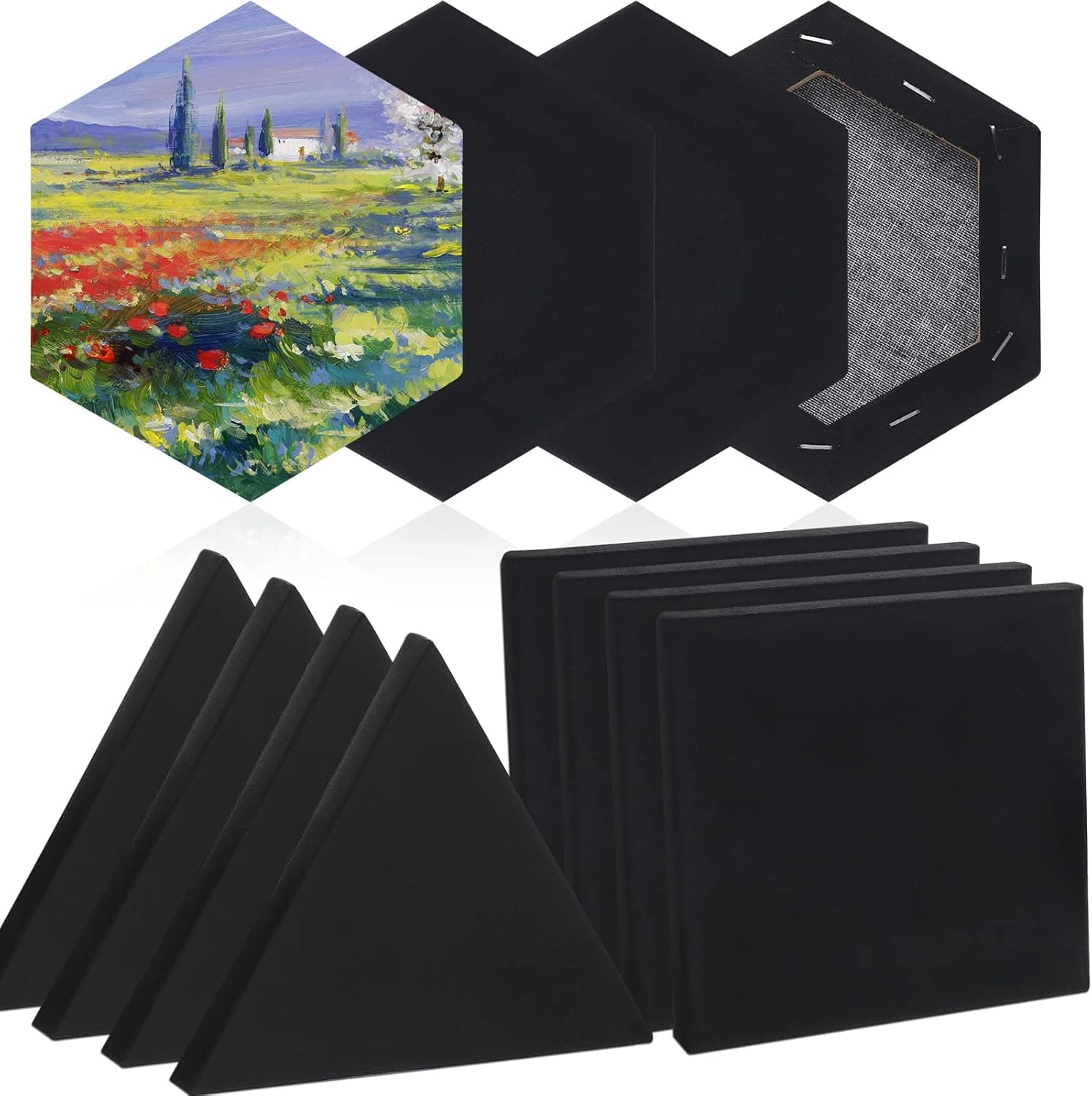 Epakh 12 Pcs Black Canvas for Painting Stretched Canvas Cotton Square Triangle Hexagon Blank Boards Panels Art with Frame Panel Stretched Boards for Oil Acrylic(8 Inch) - Image 2