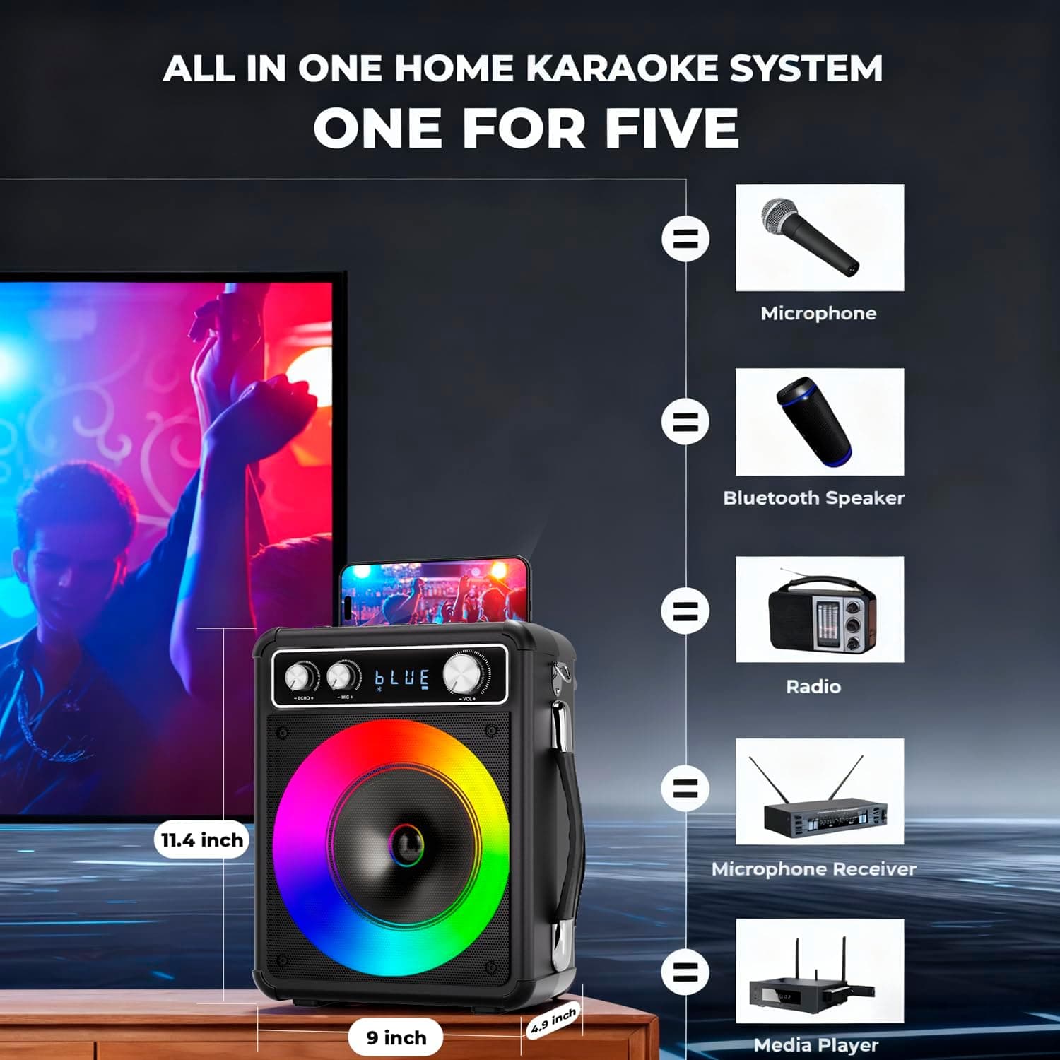 Karaoke Machine, Portable Bluetooth Karaoke Speaker with 2 Wireless Microphones, PA System for Adults Kids with LED Lights & Echo Adjustment, Supports TWS/TF/USB/AUX for Home Party T03-2 MICS - Image 4