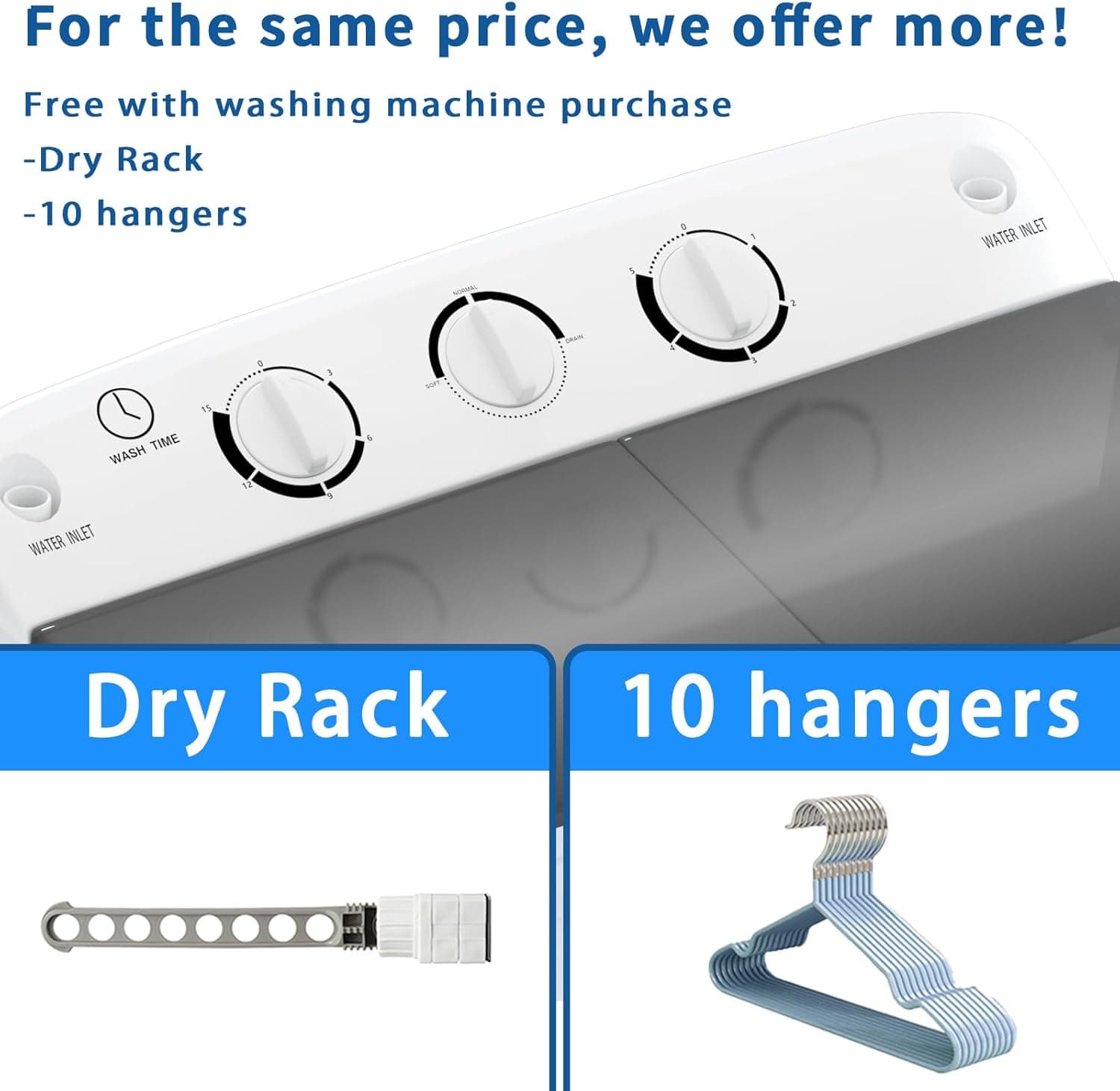 Portable Twin Tub 18lbs Washing Machine with Drying Rack and 10 Hangers, 11lbs Washer Mini Compact Laundry Machine with 7lbs Spinner, Semi-automatic Washer Combo for Dorms, Apartment 18lbs Black - Image 2