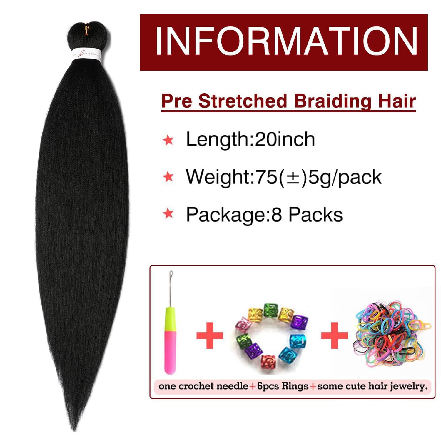 Pre Stretched Braiding Hair 20 Inch 8 Packs Natural Black Braiding Hair Pre Stretched Professional Soft Yaki Texture, Hot Water Setting Hair Extensions for Braids (20inch,#1B) #1B 20 Inch (Pack of 8) - Image 3