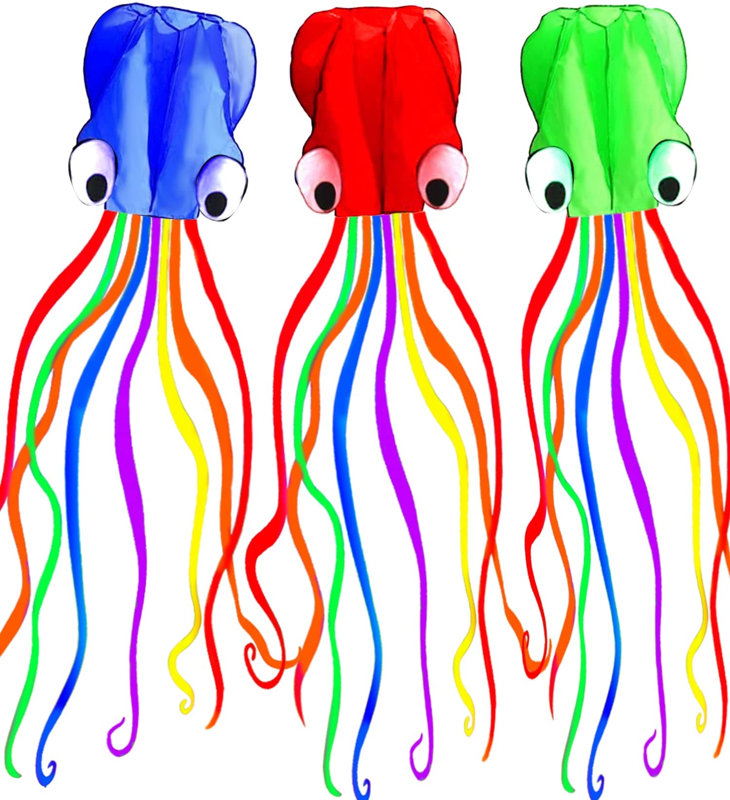 Hengda Kite Soft Octopus Kite Series, Beautiful Kite with Long Colorful Tail for Kids and Adults, Easy to Fly Beach Kites, Excellent Outdoor Games and Activity Toys, Suitable for Beginners. 3 Blue+Red+Green