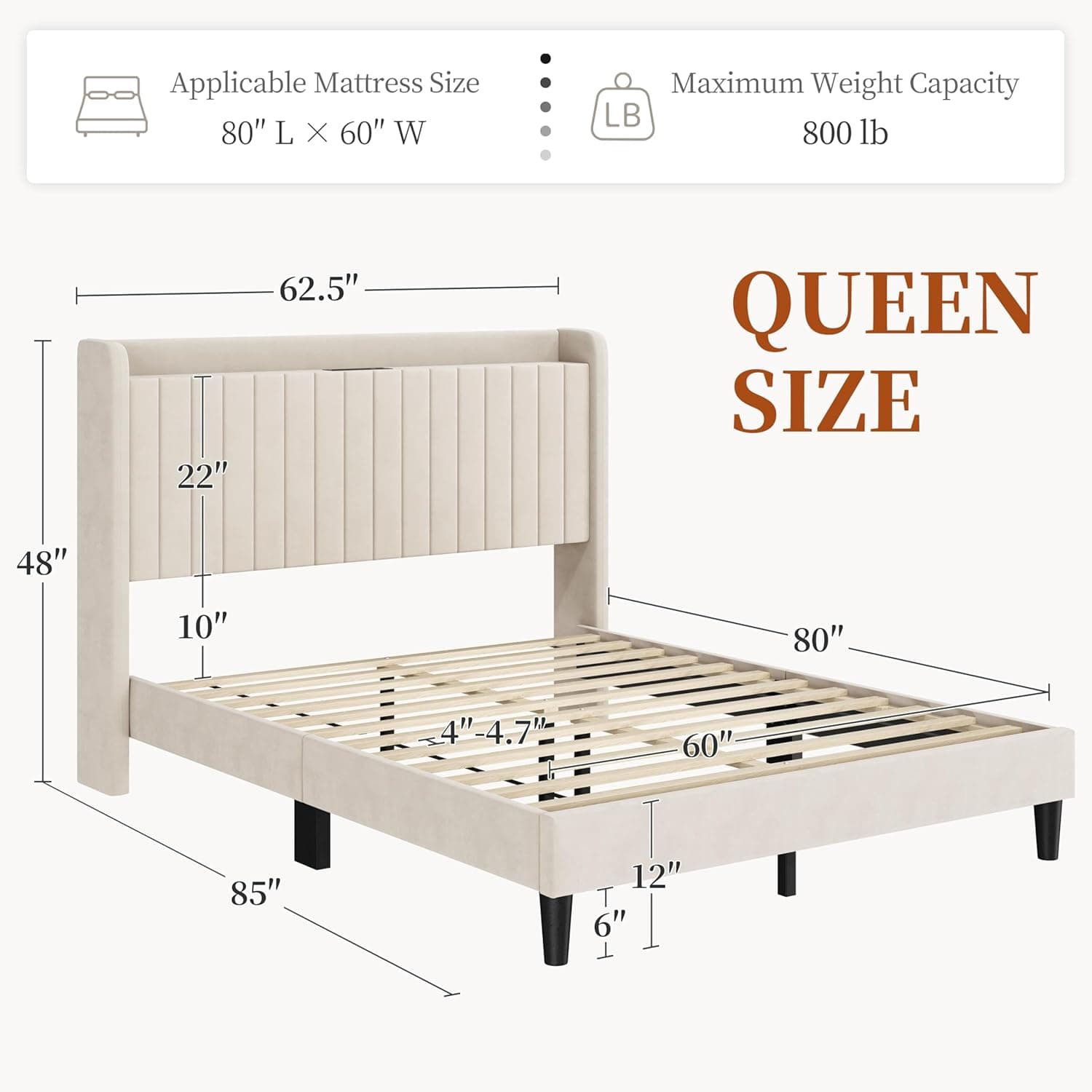 Yaheetech Queen Bed Frame with USB Charging Station and Storage Shelf/Upholstered Headboard Platform Bed with Wing Side/Wooden Slats Support/Noise Free/No Box Spring Needed/Easy Assembly, Beige Beige Queen - Image 3