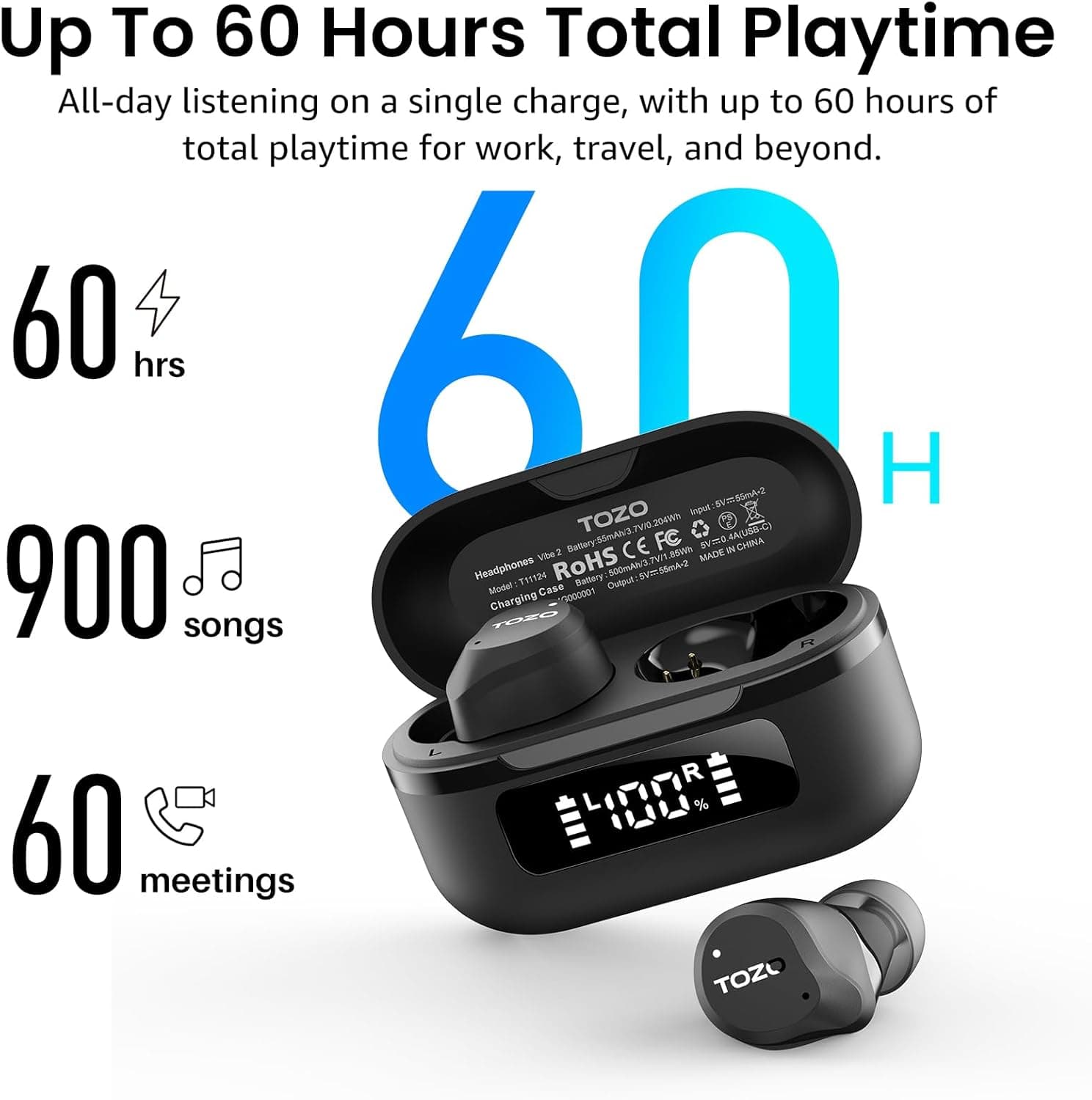 TOZO NC9 Hybrid Active Noise Cancelling Wireless Earbuds, 6 Mics ENC Clear Call, IPX8 Waterproof, in Ear Bluetooth 5.3 Headphones Stereo Bass Ear Buds 60H Playtime with LED Display 32 EQs via APP Dark Black Small Hybrid Active Noise Cancelling Wireless Earbuds - Image 4