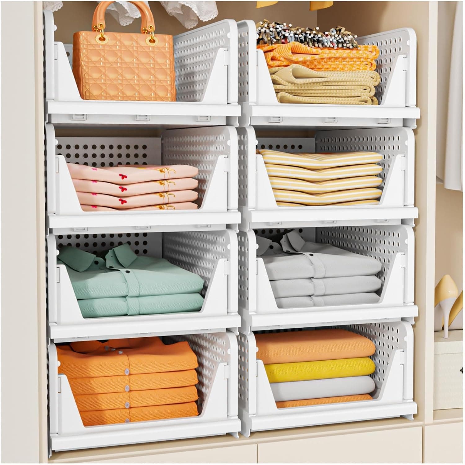SNSLXH 5 Pack Stackable Closet Storage Basket, Multifunctional & Foldable Closet Organizer for Bathroom Kitchen Laundry Room Wardrobe Storage, Space-Saving Clothes Storage Drawer Organizer, White White 5 Pack - Image 2